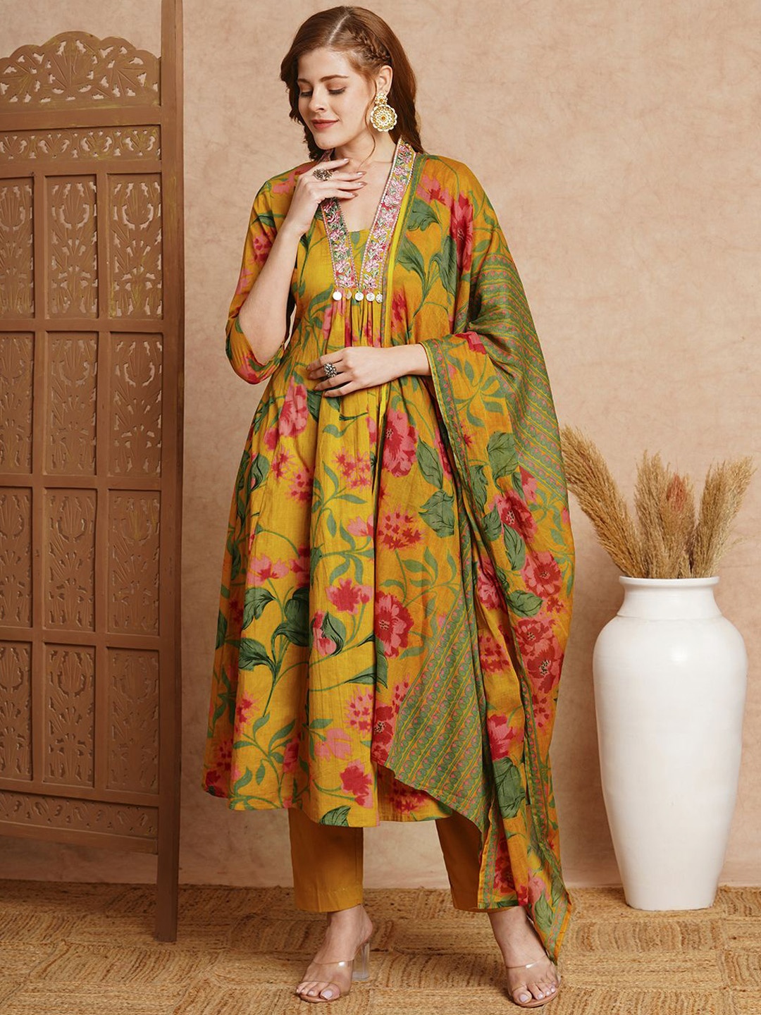 

FASHOR Floral Printed Mirror Work Pure Cotton A-Line Kurta With Trousers & Dupatta, Mustard