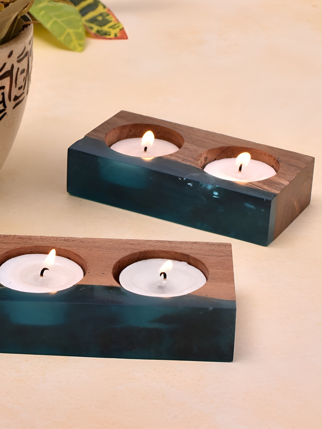 

Indianshelf Blue & Brown 2 Pieces Colorblocked Wooden Candle Holders