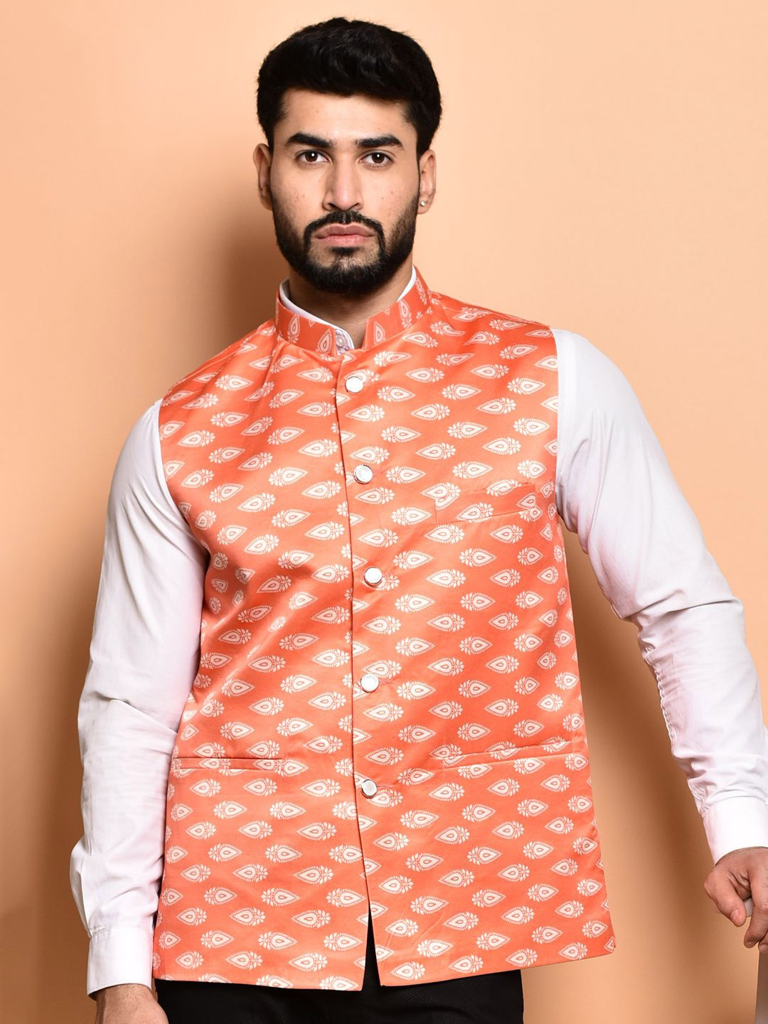 

PRINTCULTR Printed Woven Nehru Jackets, Orange