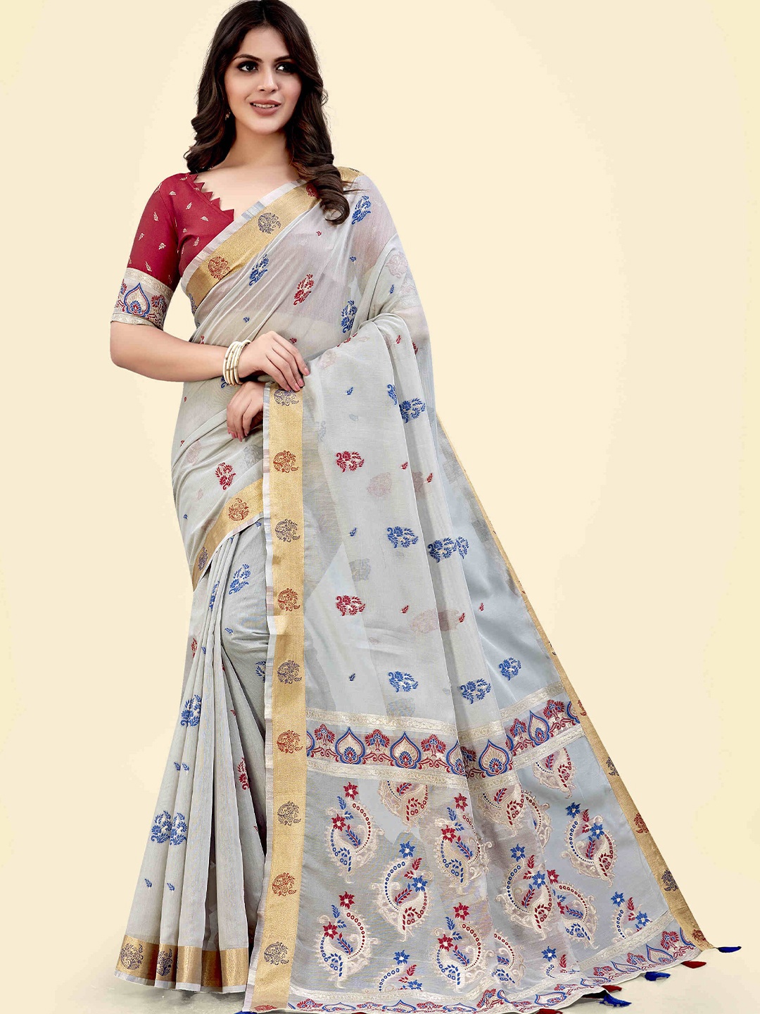 

SARHA Ethnic Motifs Zari Pure Cotton Saree, Beige