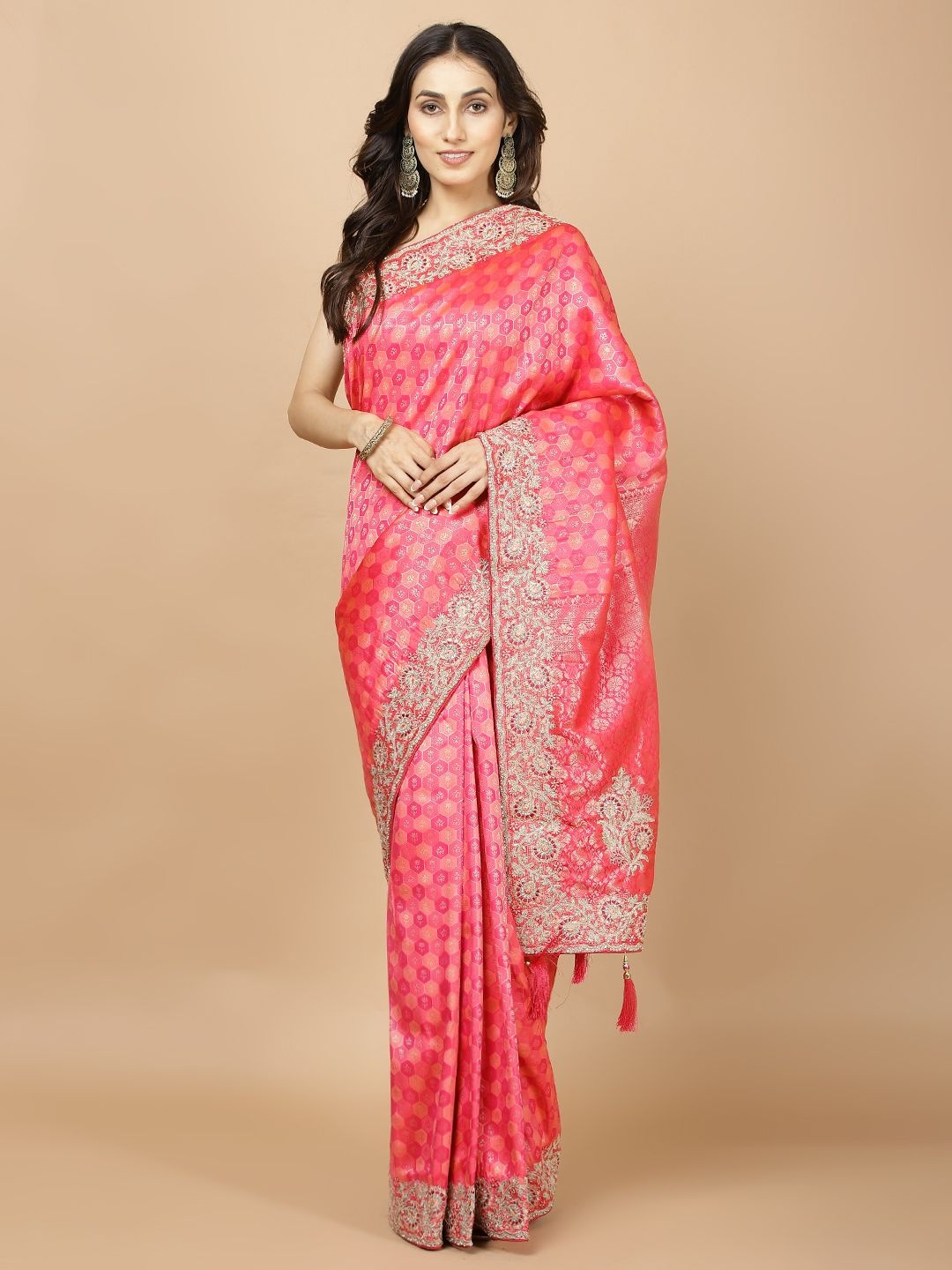 

Meena Bazaar Woven Design Embroidered Banarasi Saree, Pink