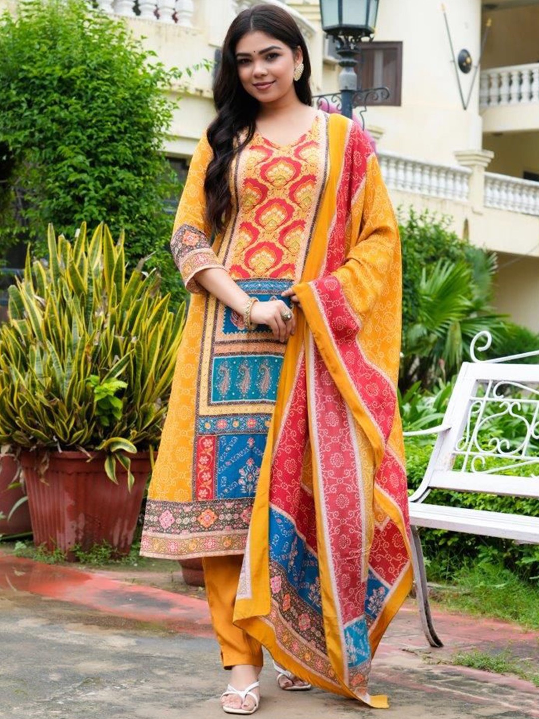 

SIGNORIA Ethnic Motifs Printed Beads and Stones Straight Kurta with Trousers & Dupatta, Yellow