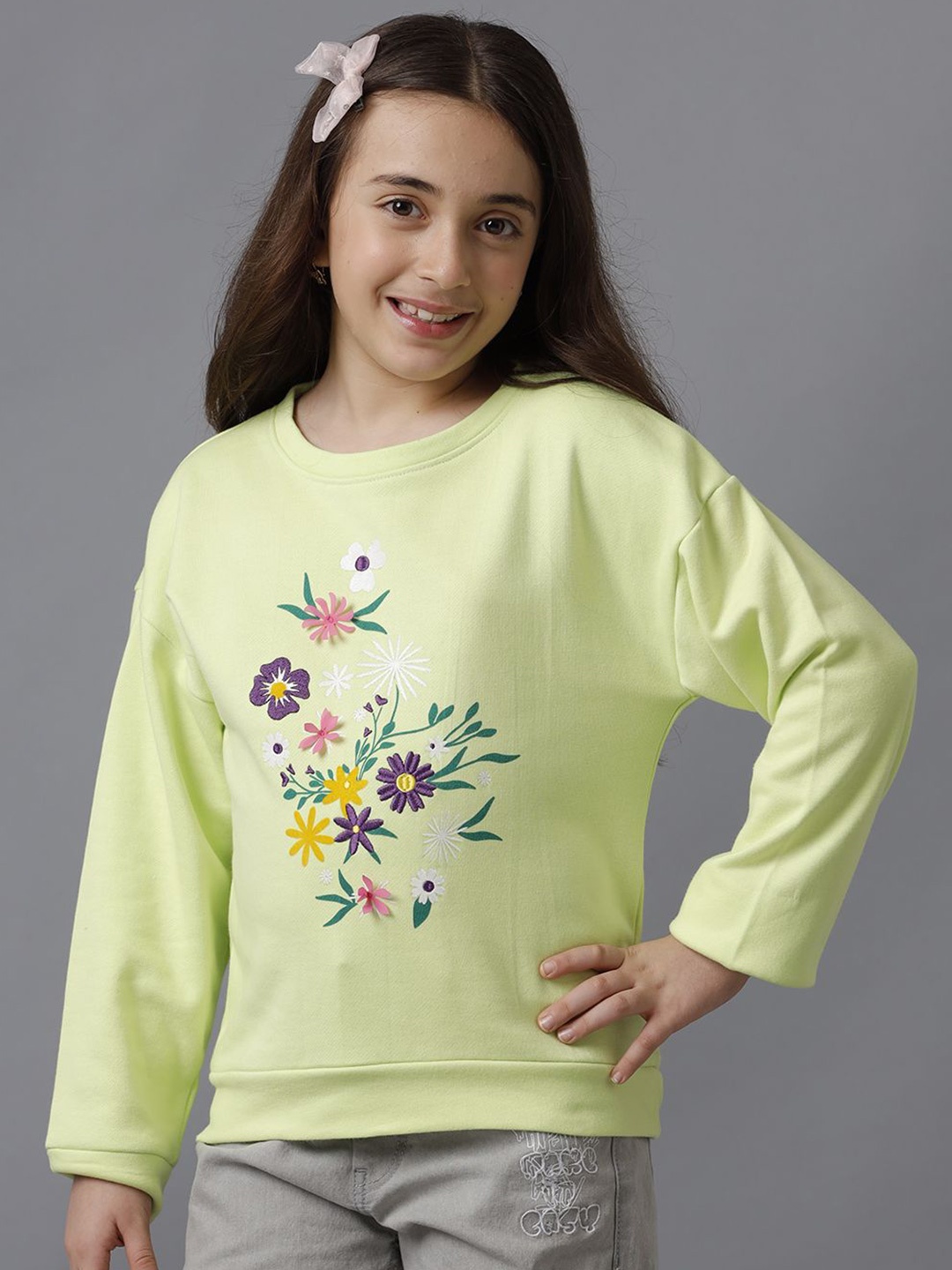 

UNDER FOURTEEN ONLY Girls Floral Printed Round Neck Cotton Pullover Sweatshirt, Lime green