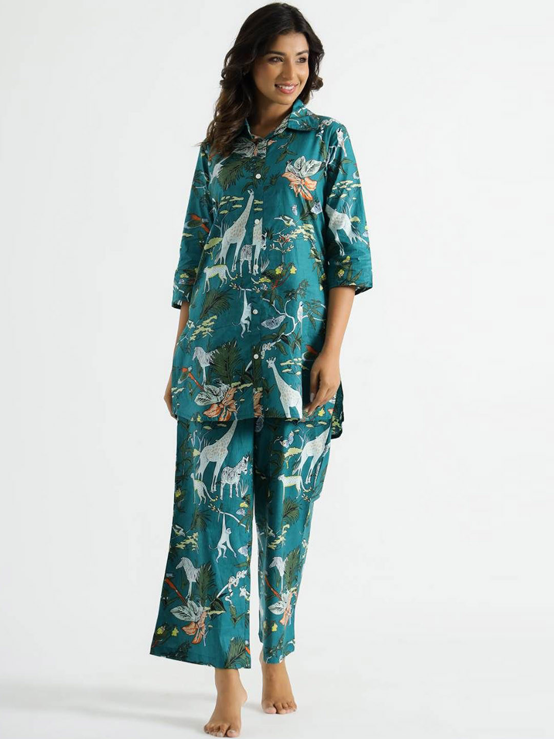 

FLAVIA CREATION Pure Cotton Shirt Collar Shirt & Trouser, Sea green
