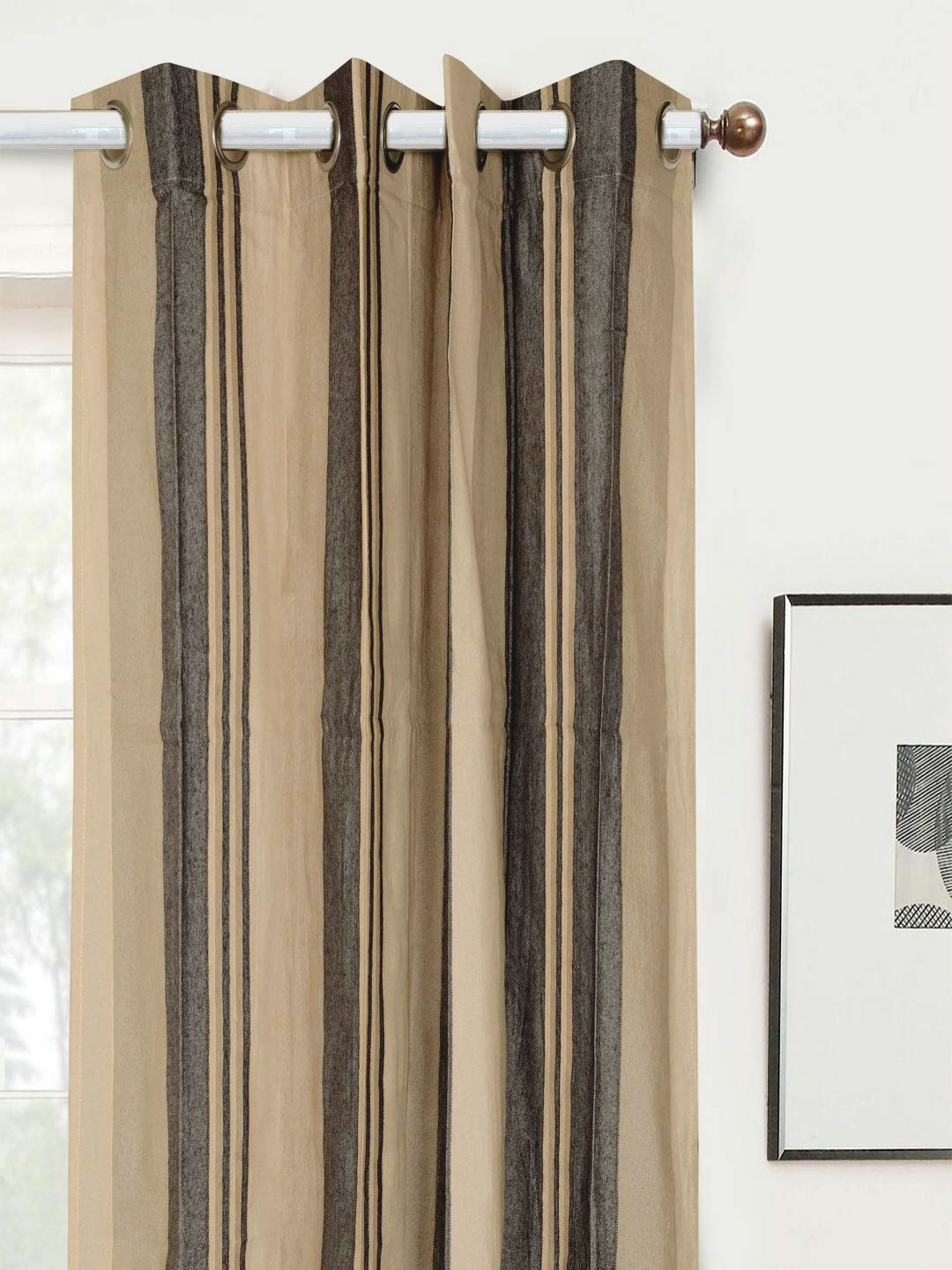 

Saral Home Beige & Grey Striped Room Darkening Cotton Window Curtain