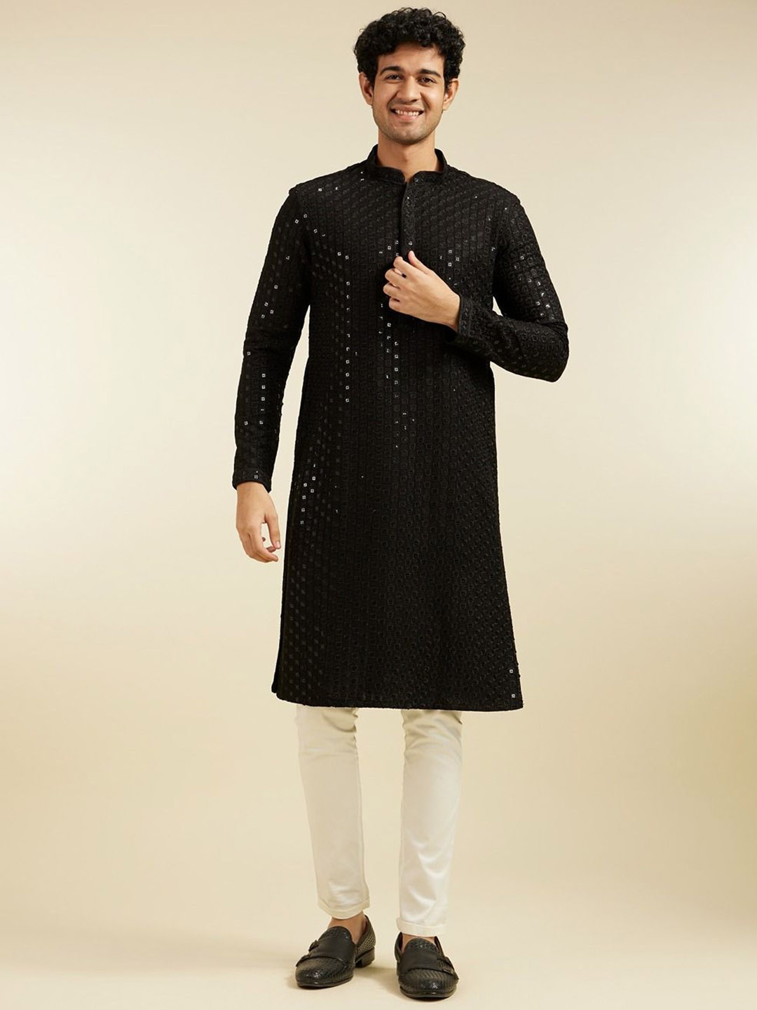 

Diwas by Manyavar Geometric Chikankari Embroidered & Sequinned Mandarin Collar Kurta, Black