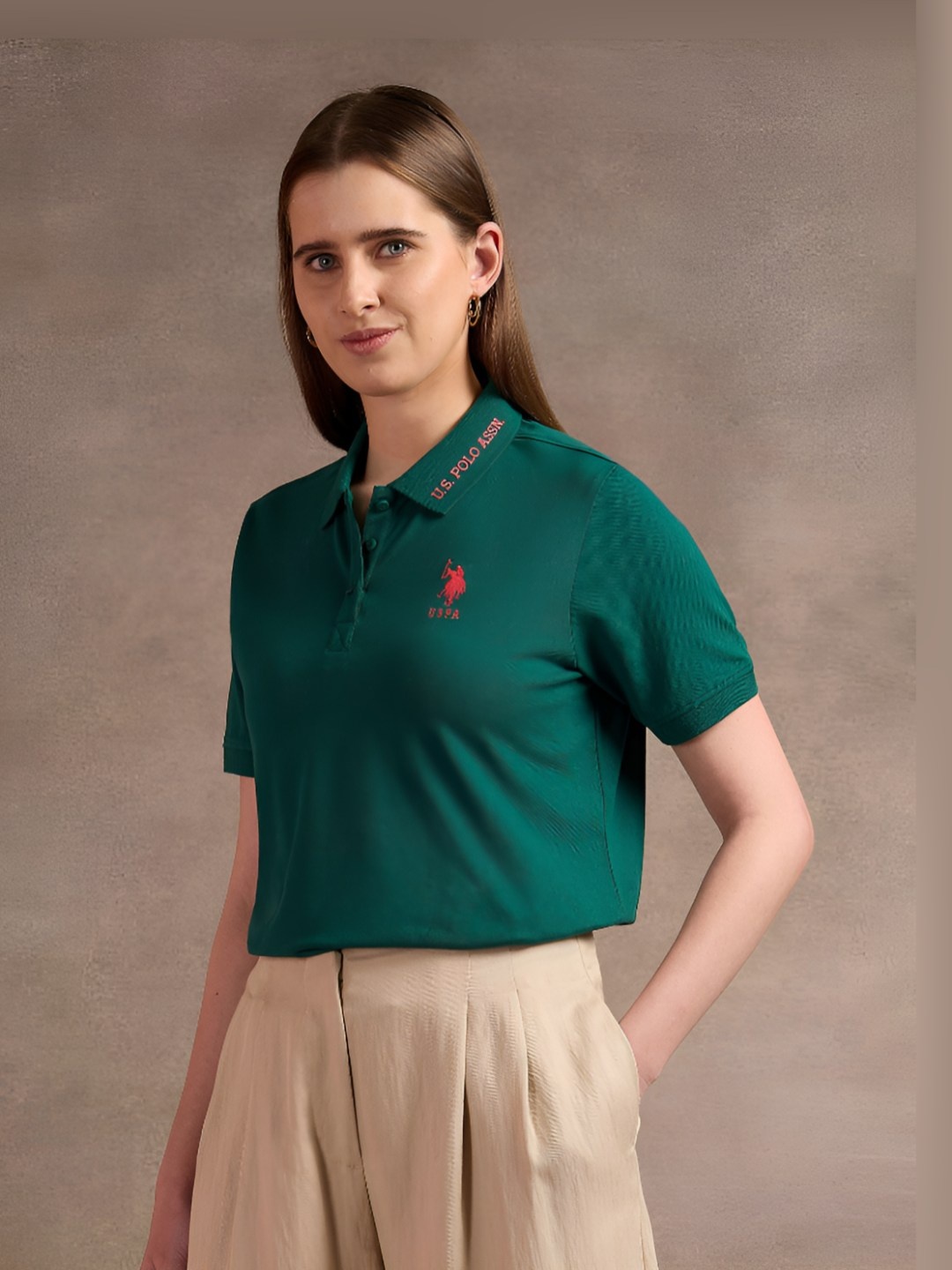 

U.S. Polo Assn. Women Solid Polo Collar Cotton Relaxed Fit T-shirt, Green