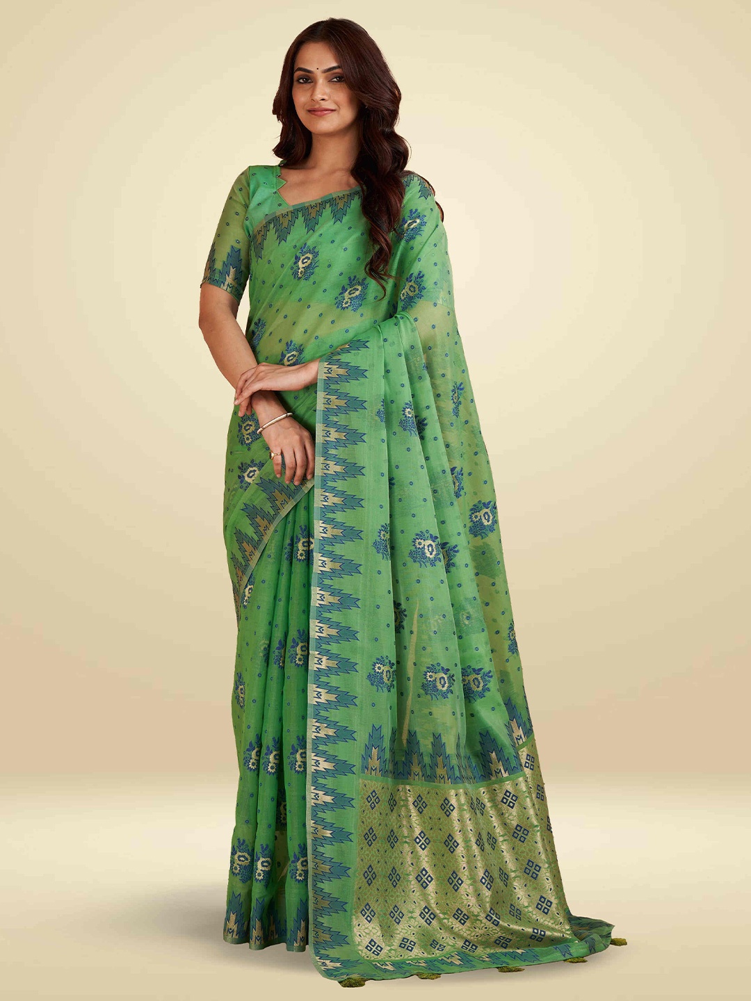 

SARHA Ethnic Motifs Printed Zari Pure Cotton Saree, Green