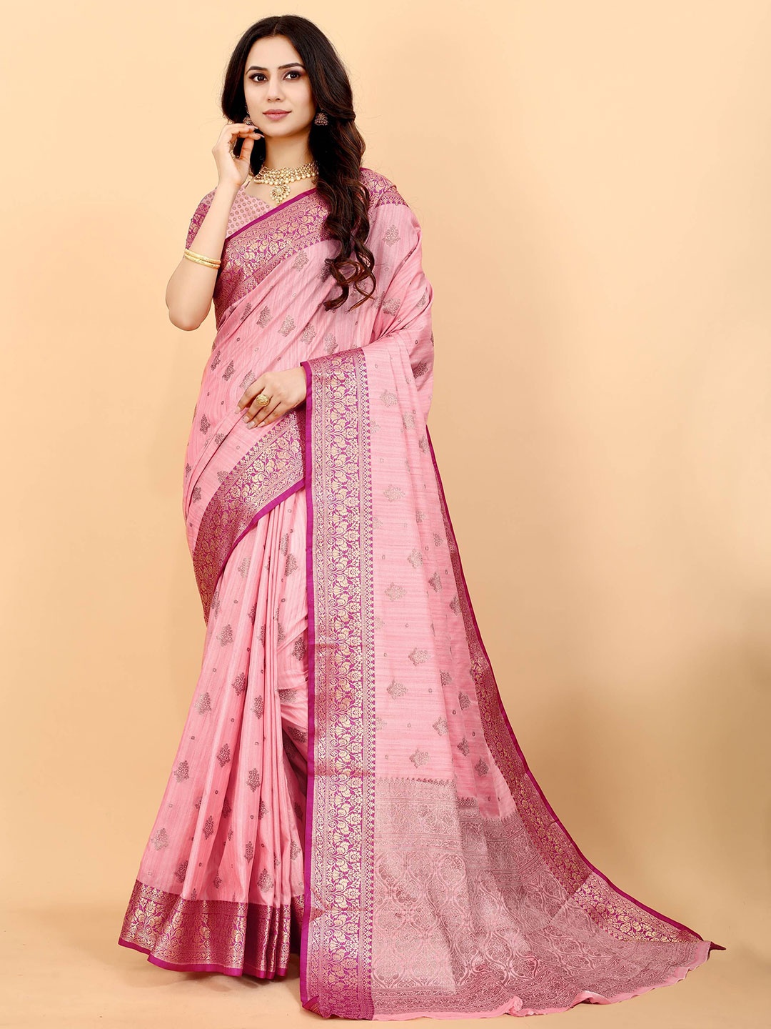 

Zeekha Woven Design Zari Pure Silk Kanjeevaram Saree, Pink