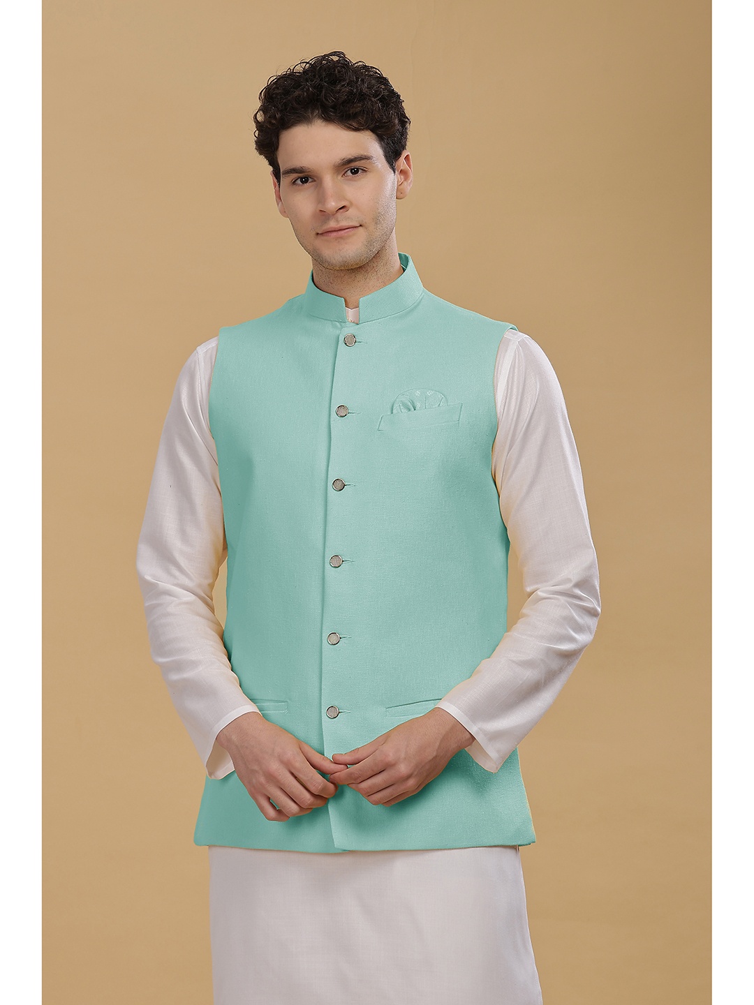 

Anouk Men Woven Cotton Nehru Jacket, Green