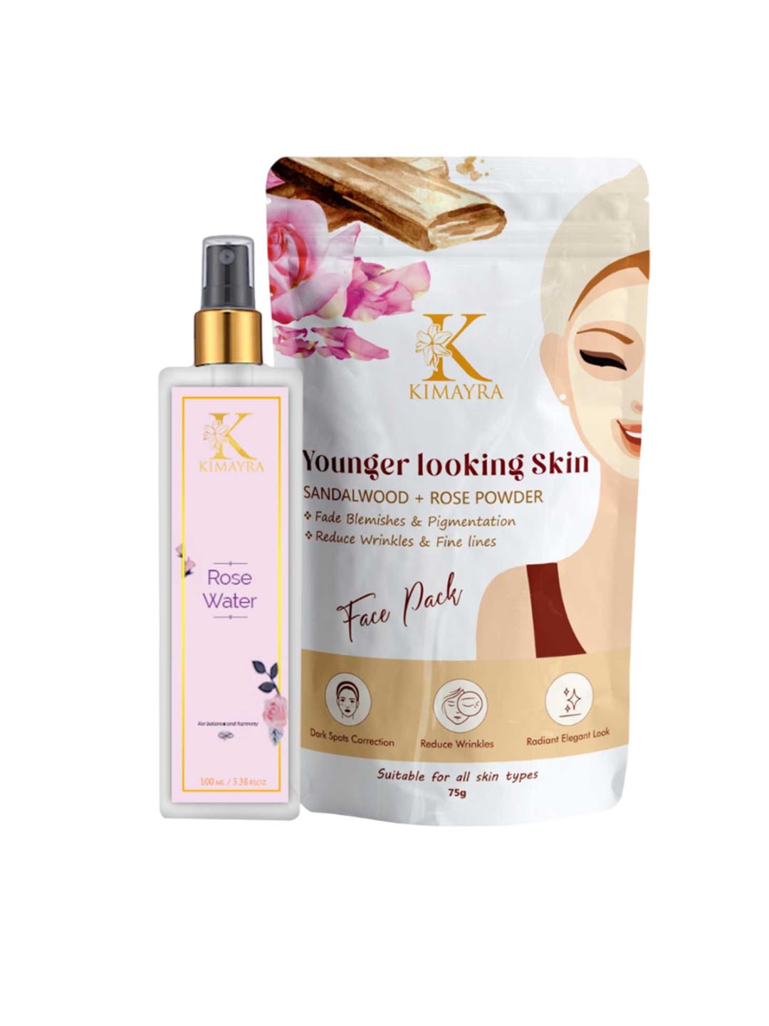 

Kimayra World Set Of 2 Sandalwood Rose Face Pack 75g Rose water Spray -100ml, White