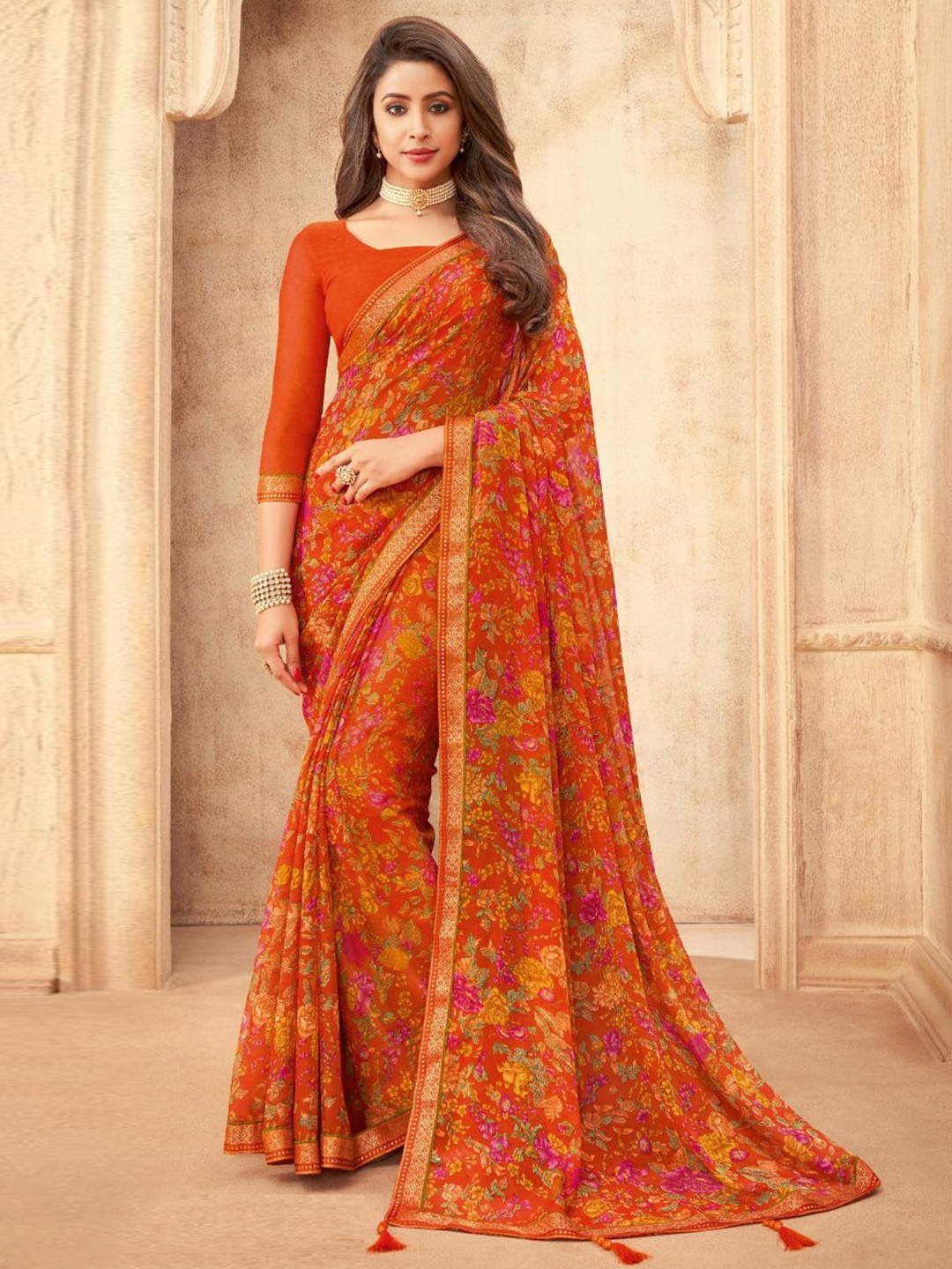 

Reboot Fashions Floral Zari Pure Chiffon Saree, Orange