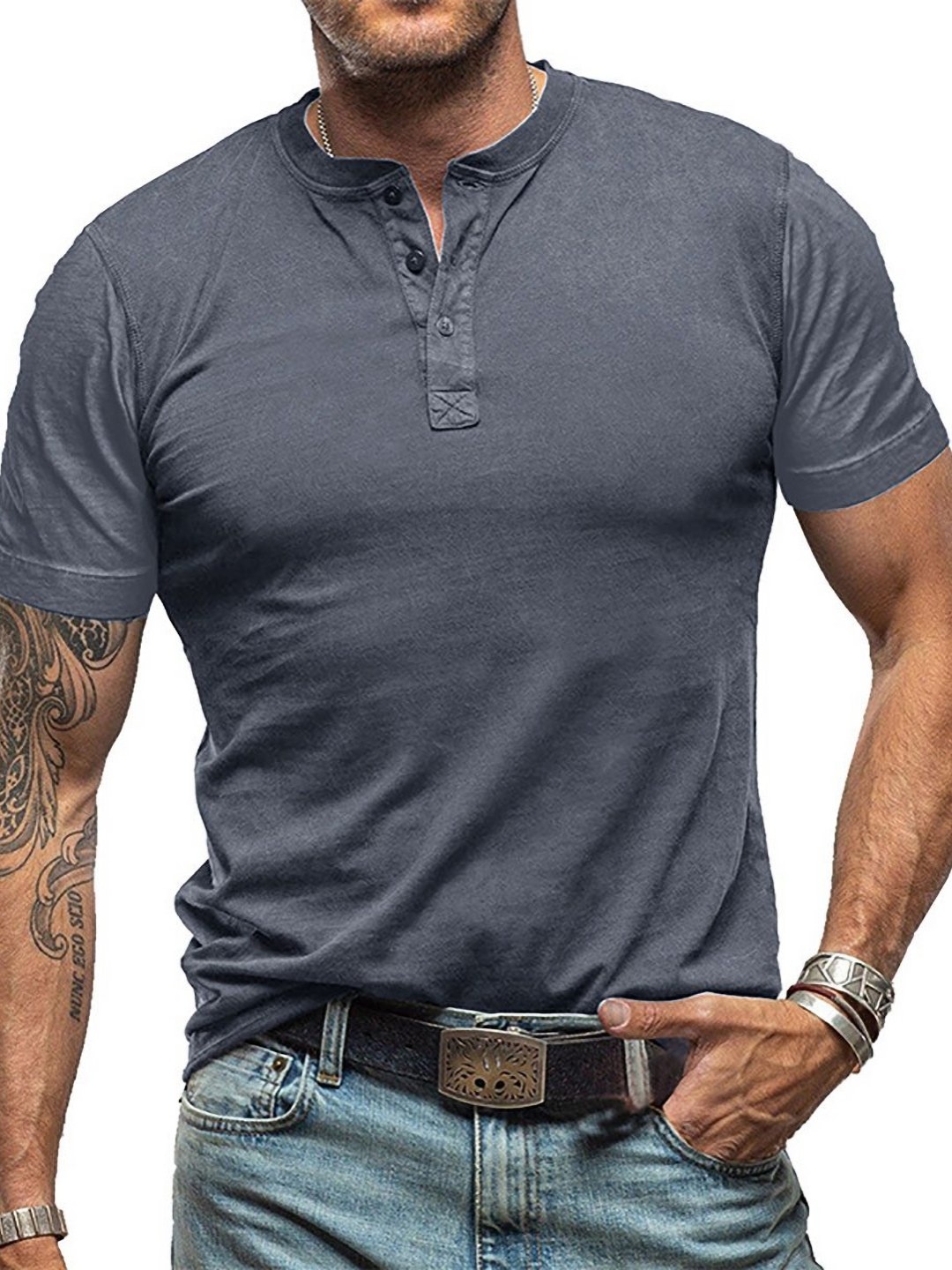 

StyleCast x Revolte Men Solid Henley Neck Cotton T-shirt, Grey