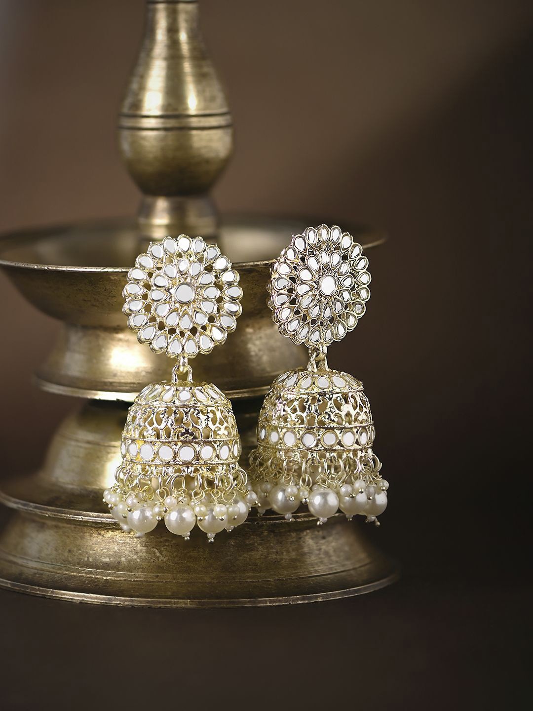 

Kalakrith Milano Kundan Studded & Pearls Beaded Dome Shaped Jhumkas, Gold