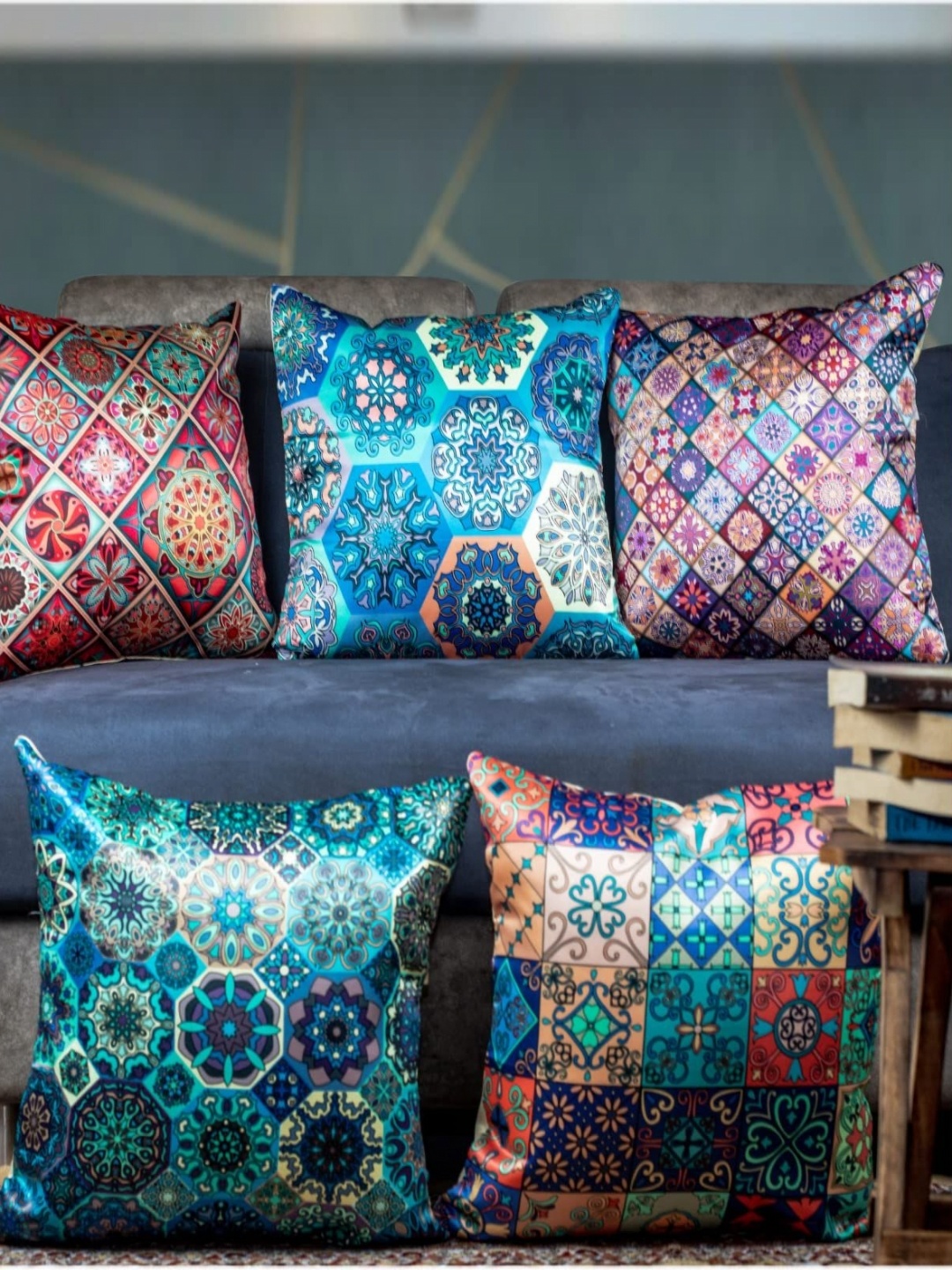 

Vendola Blue & White 5 Pieces Ethnic Motifs Printed Satin Square Cushion Covers