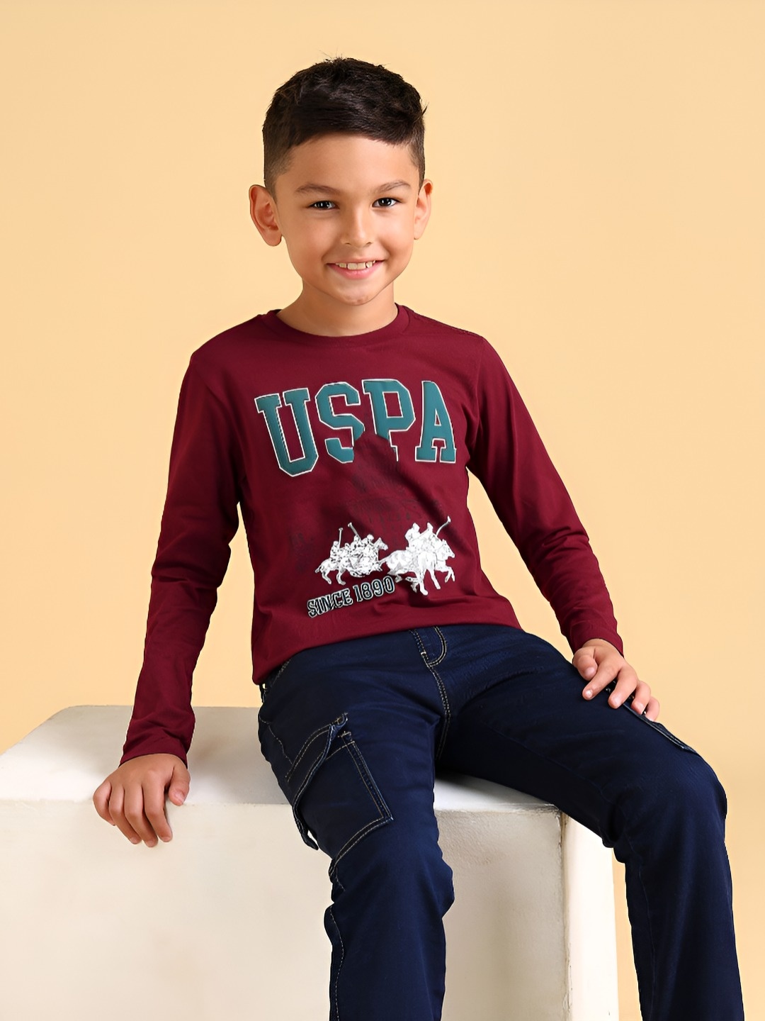

U.S. Polo Assn. Kids Boys Brand Logo Printed Round Neck Cotton T-shirt, Red