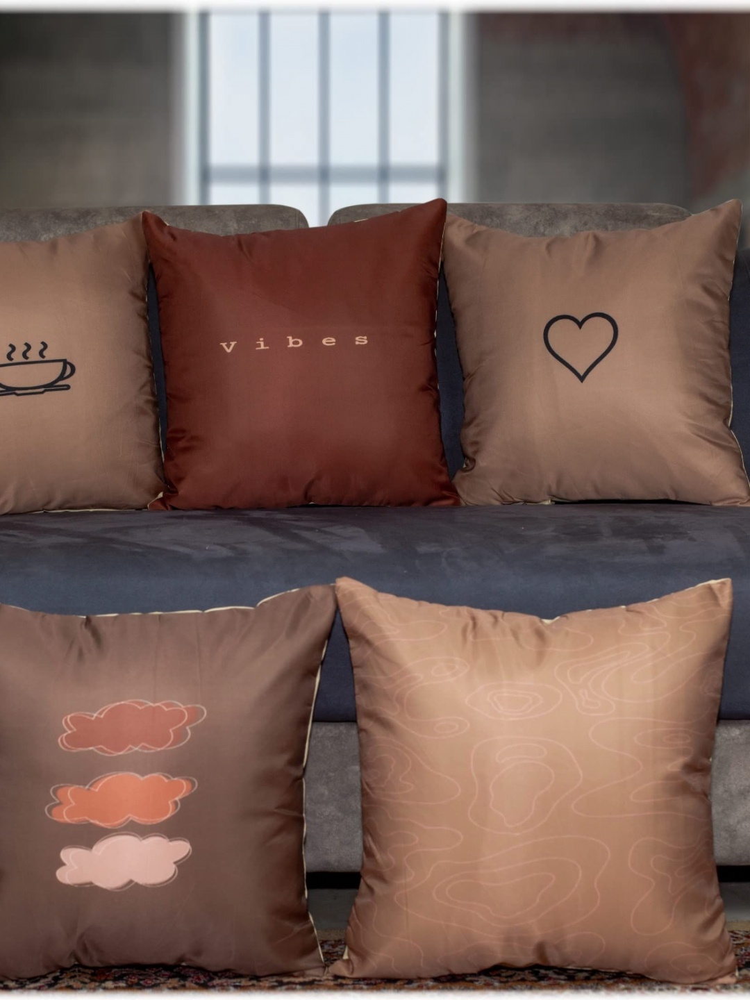 

Vendola Brown & Black 5 Pieces Quirky Printed Satin Square Cushion Covers