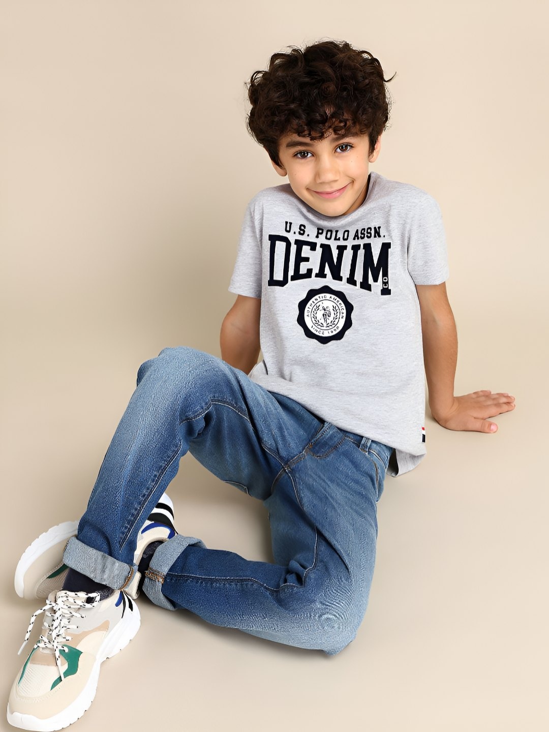 

U.S. Polo Assn. Kids Boys Brand Logo Printed Round Neck Cotton T-shirt, Grey