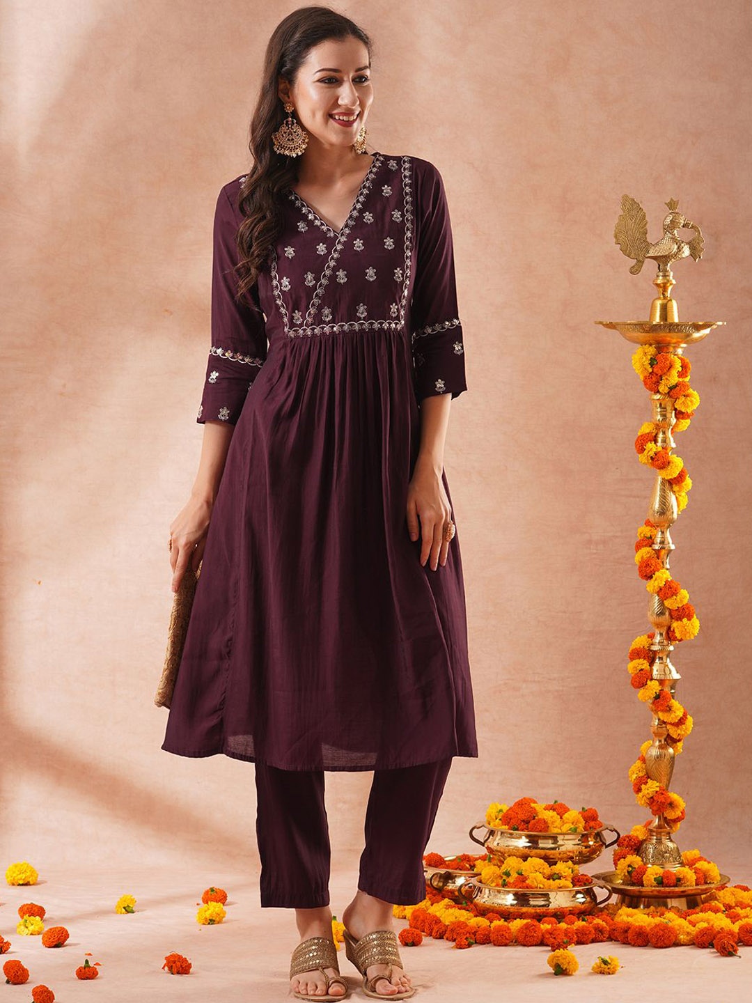 

FASHOR Embroidered Three Quarter Sleeve Tunic & Trouser Co-Ords, Burgundy