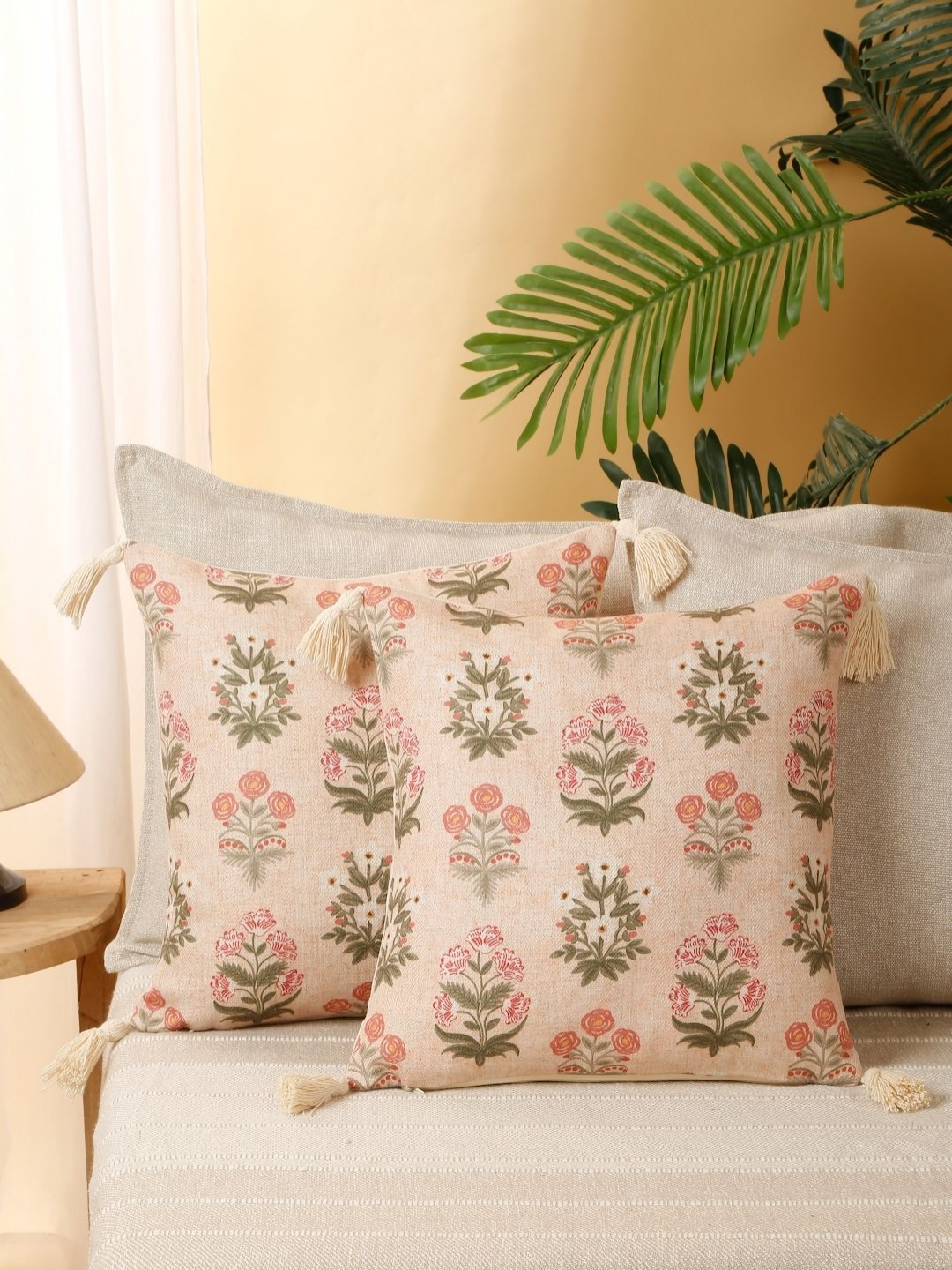 

eyda Peach & Green 2 Pieces Floral Printed Square Tasselled Cushion Covers