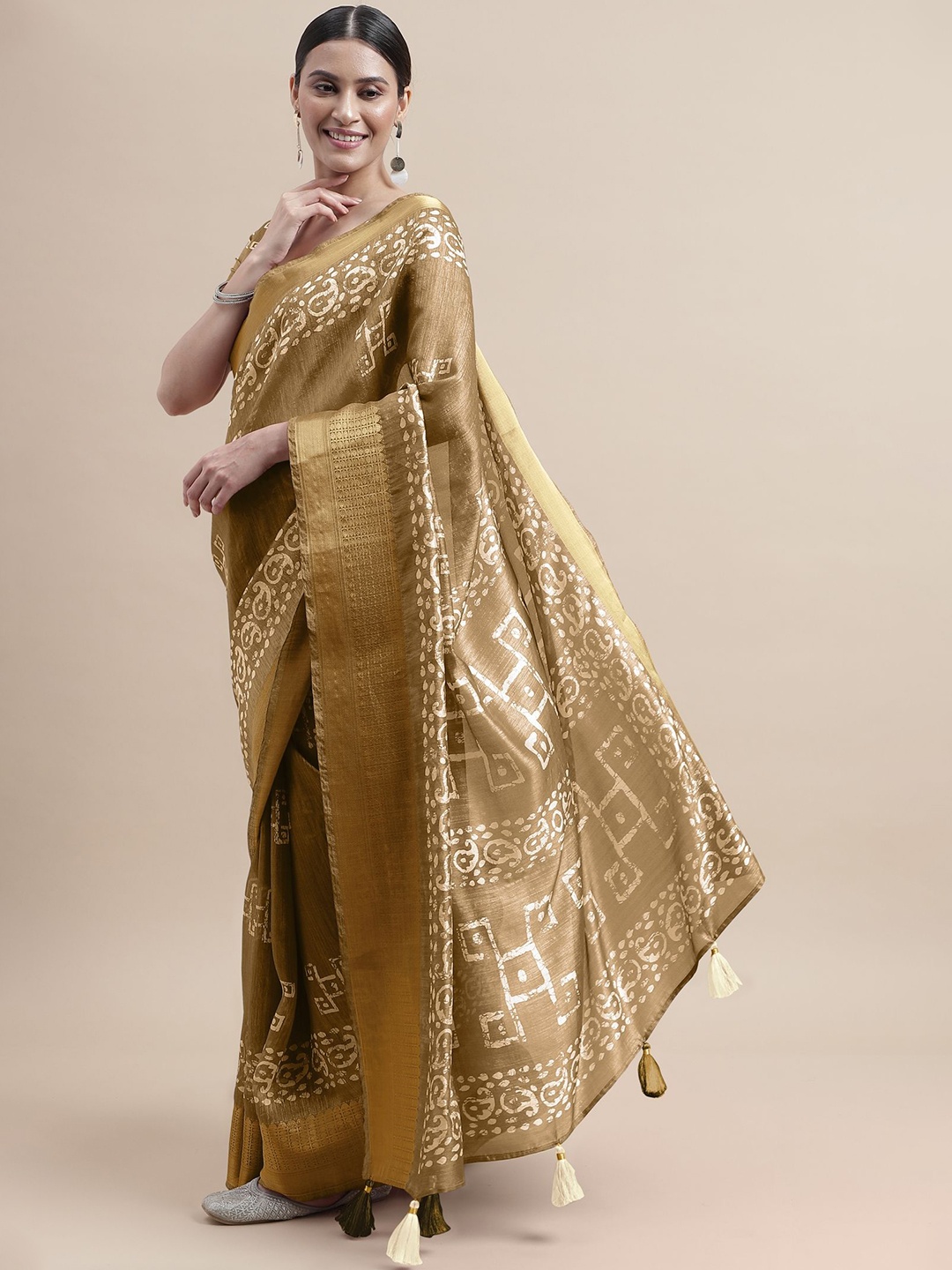 

KALINI Batik Zari Block Print Saree, Beige