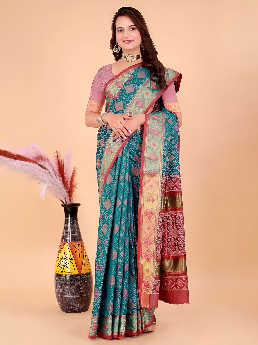 

Mitera Woven Design Zari Silk Blend Patola Saree, Turquoise blue