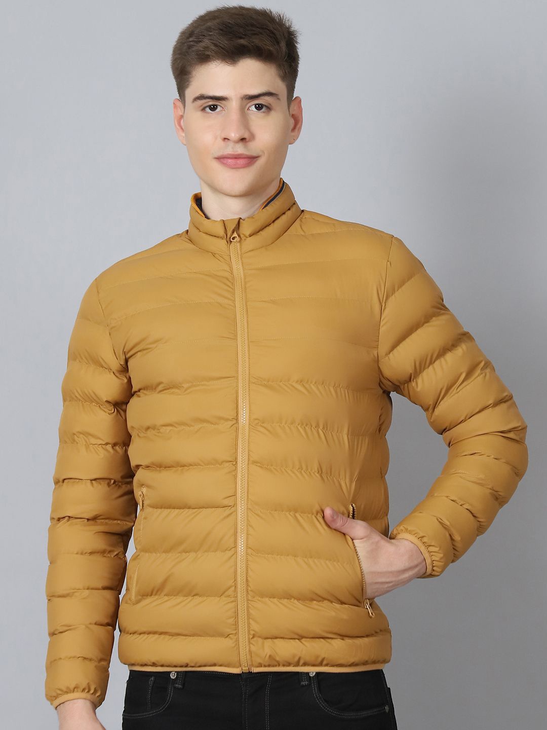 

HOUSE OF VEDAS Men Lightweight Bomber with Patchwork Jacket, Mustard