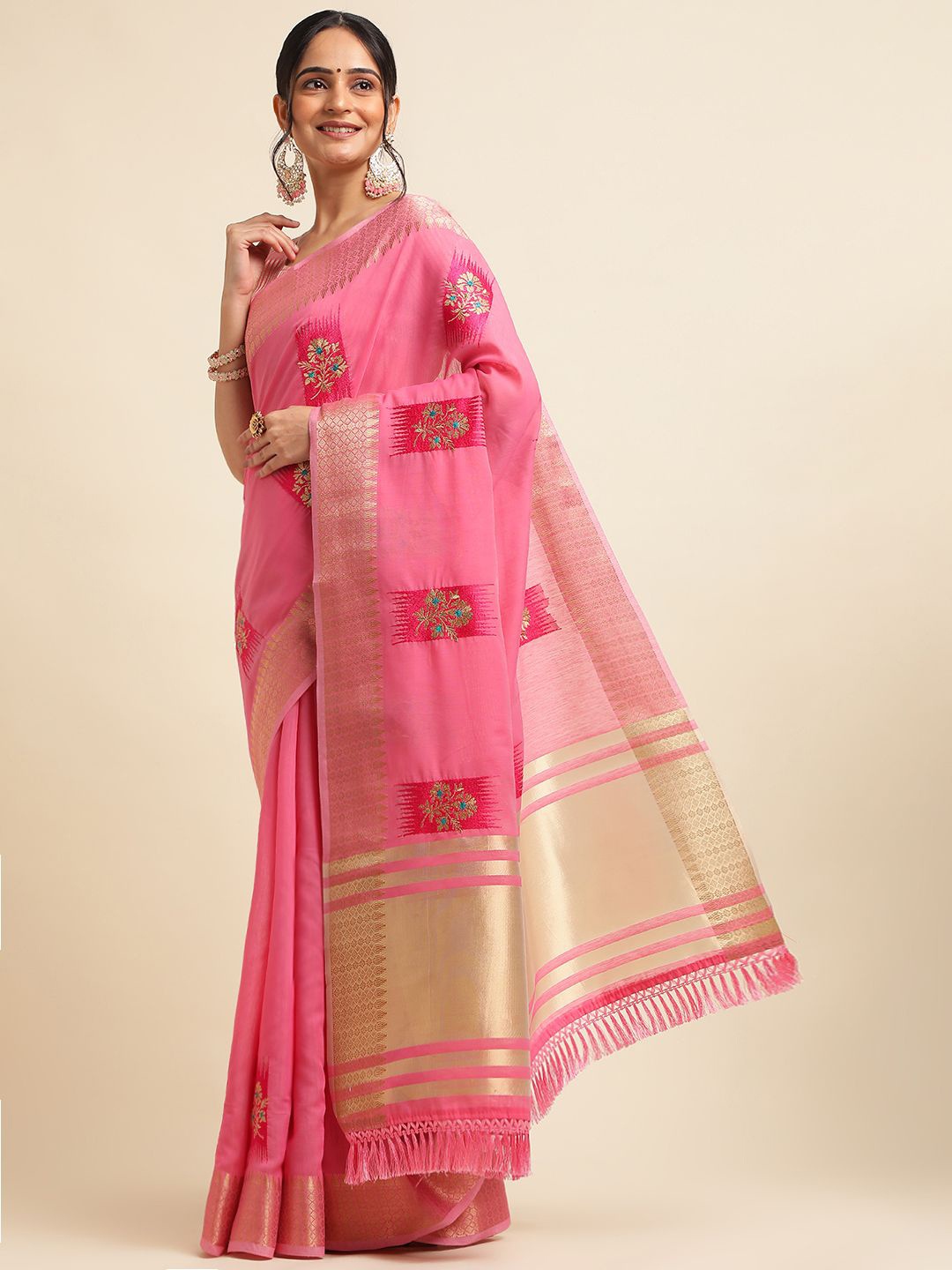 

VIRICA Floral Zari Pure Linen Saree, Pink