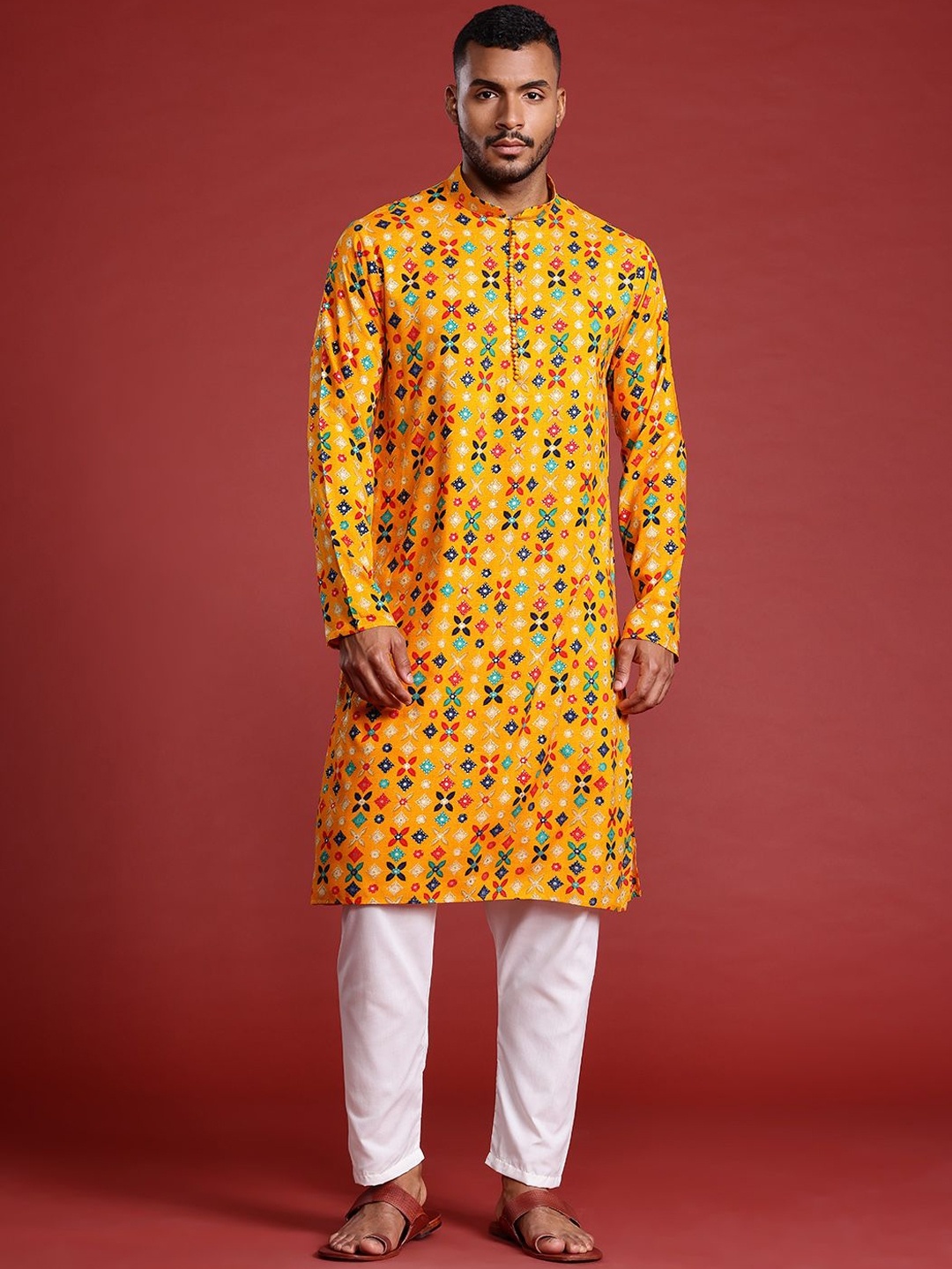 

MANQ Geometric Printed Mandarin Collar Sequinned Pure Cotton Straight Kurta, Yellow