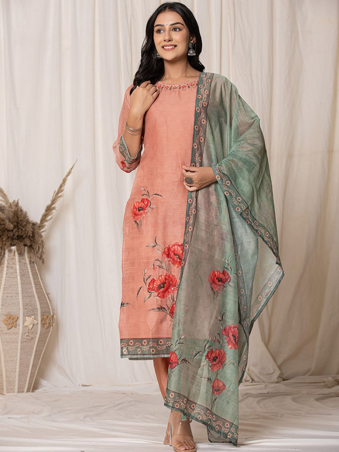 

Yufta Women Floral Embroidered Regular Sequinned Chanderi Silk Kurta with Palazzos & With Dupatta, Rust