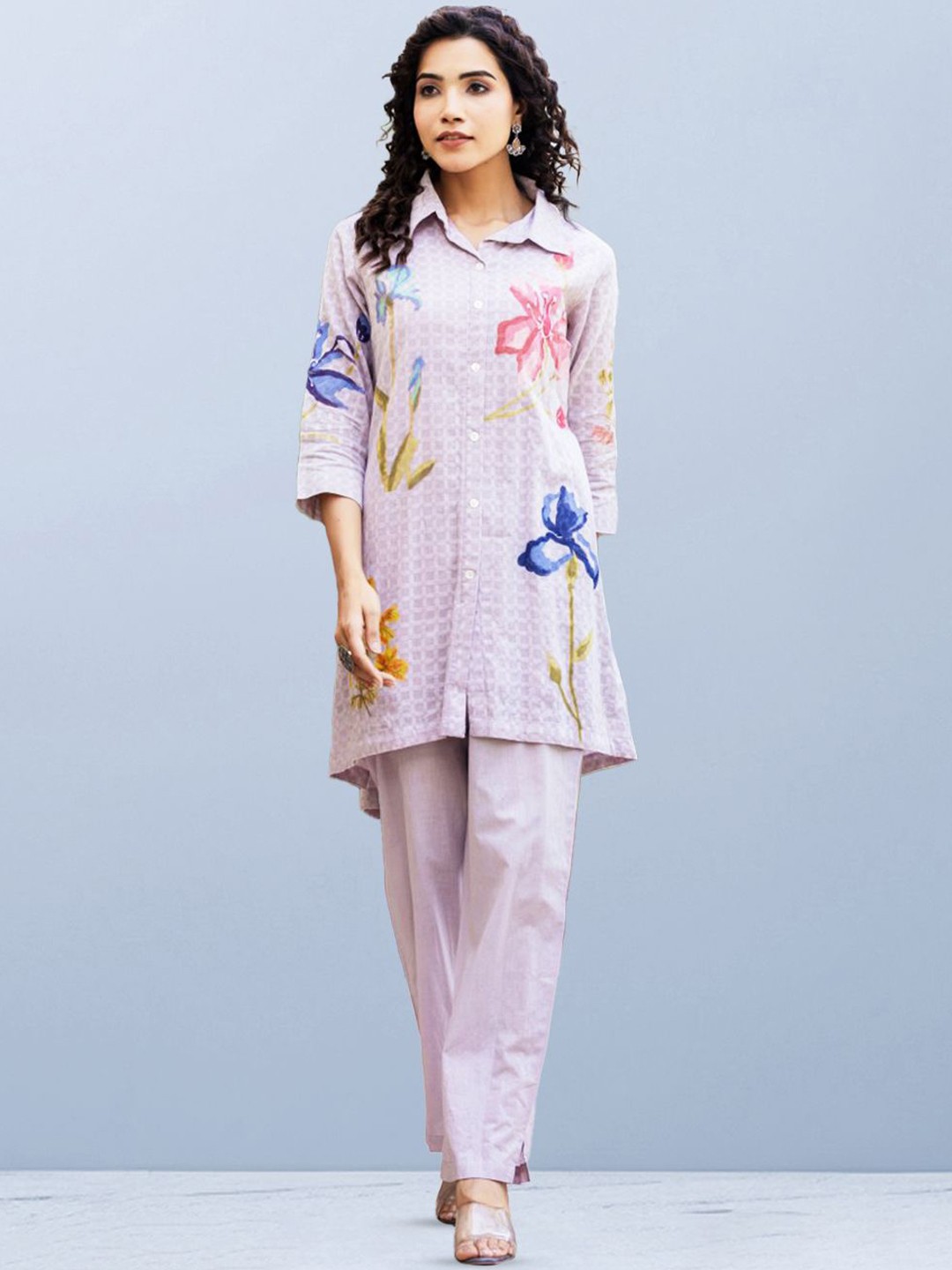 

CUSTARD Printed Pure Cotton Shirt With Trouser Co-Ords, Purple