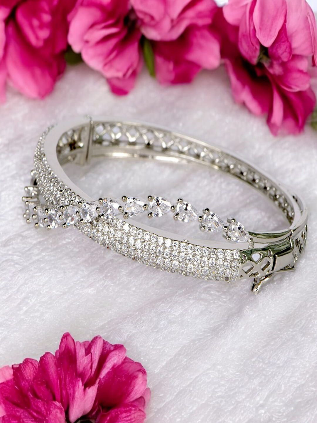 

SHARLEEZ Rhodium-Plated American Diamond Studded Kada Bracelet, Silver