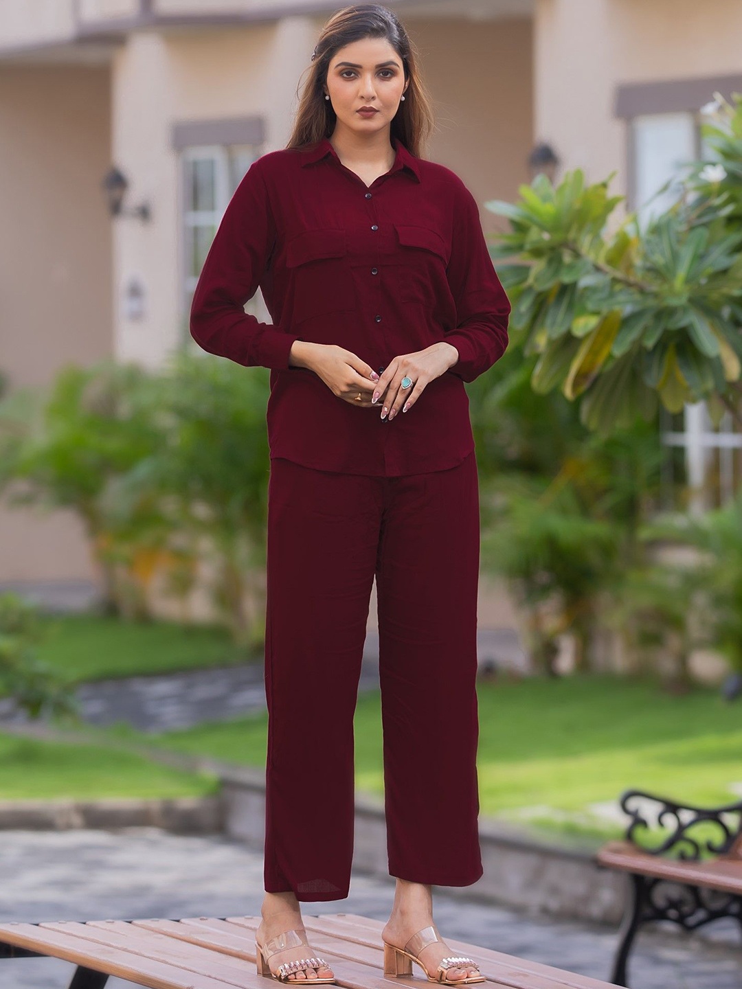 

LeeliPeeri Designer Collared Shirt & Trouser Co-Ords, Maroon