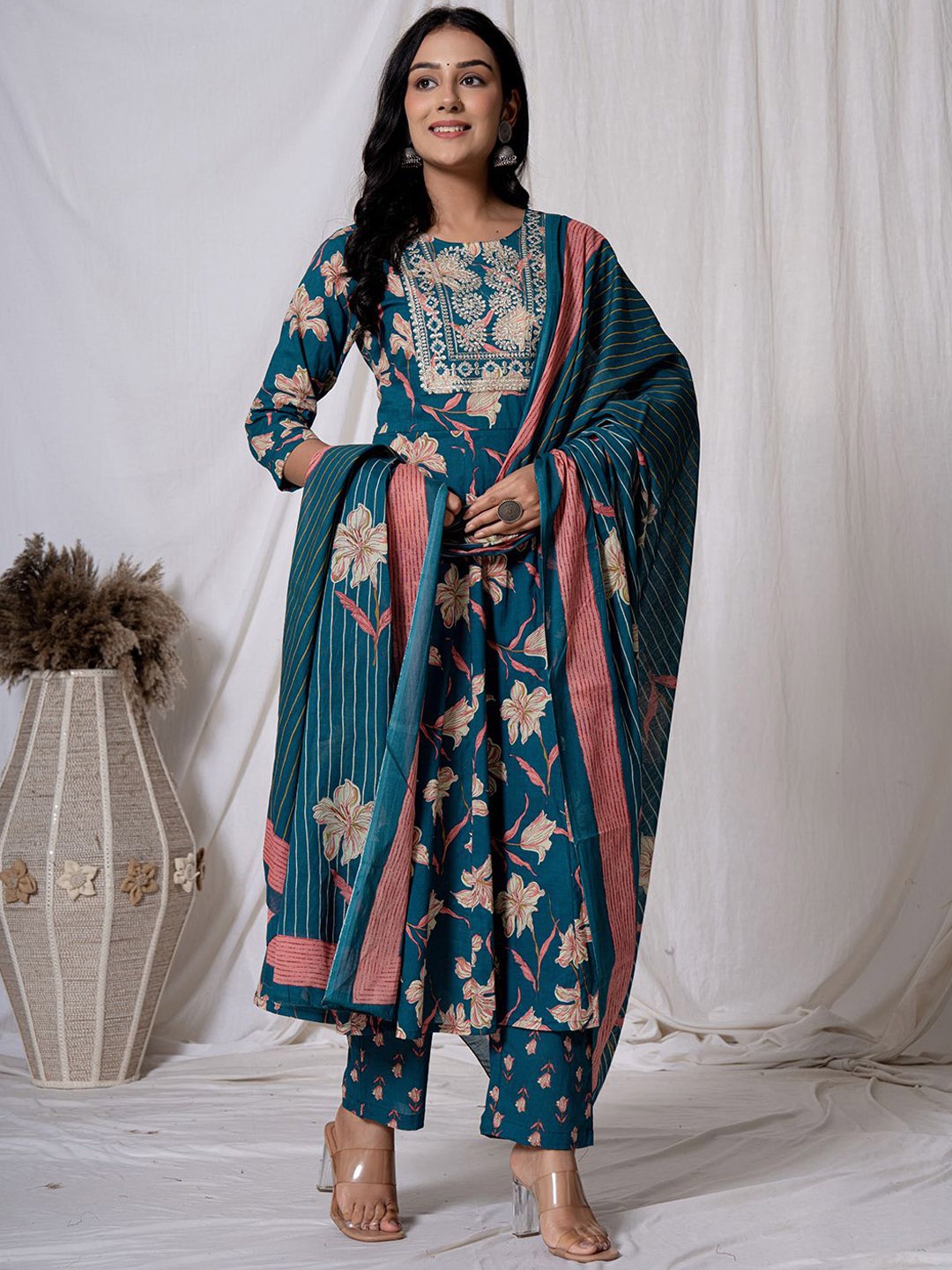 

Yufta Floral Printed Panelled Mirror Work Pure Cotton Kurta With Trousers & Dupatta, Sea green