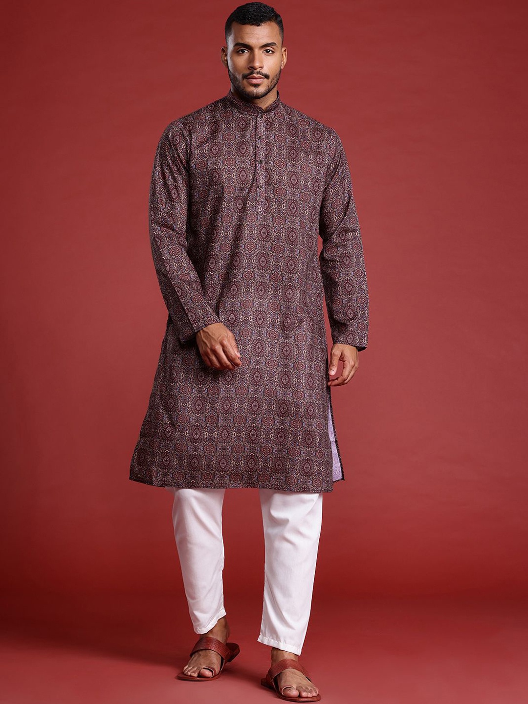 

MANQ Floral Printed Mandarin Collar Long Sleeves Pure Cotton Straight Kurta, Brown