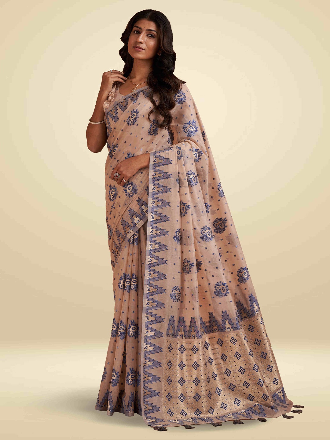 

SARHA Ethnic Motifs Woven Design Zari Pure Cotton Saree, Beige