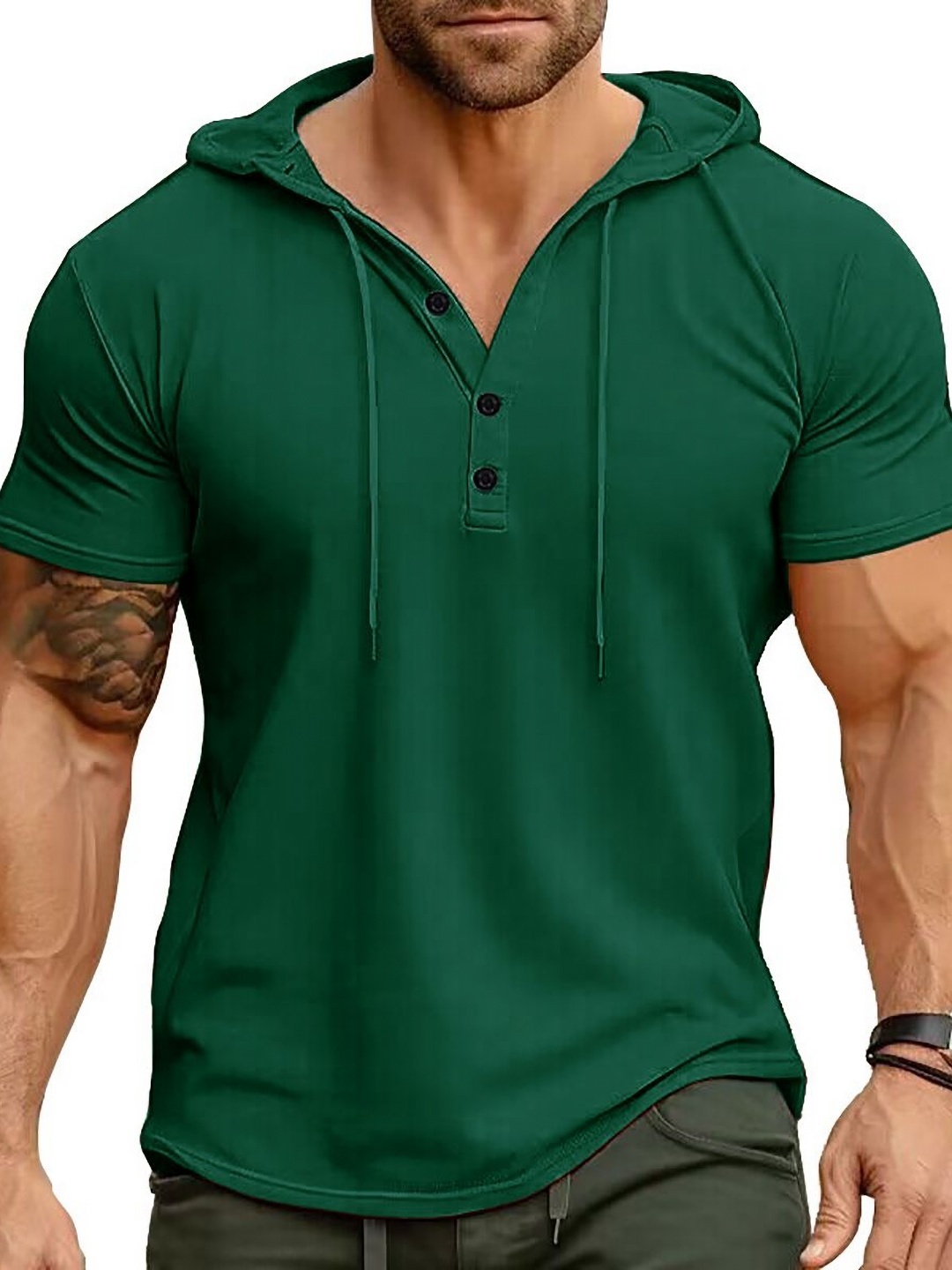 

StyleCast x Revolte Men Solid Hood Cotton T-shirt, Green