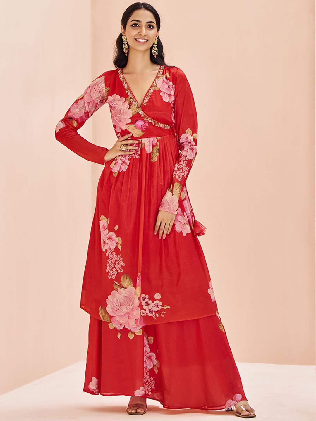 

Fusionic Floral Printed Angrakha Kurta With Sharara, Red