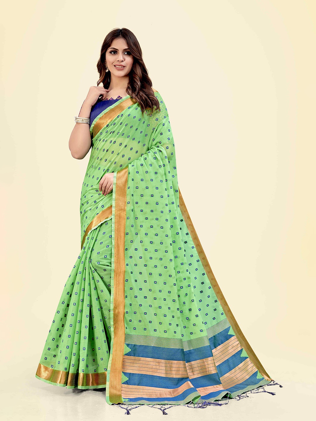 

SARHA Printed Zari Pure Cotton Saree, Green