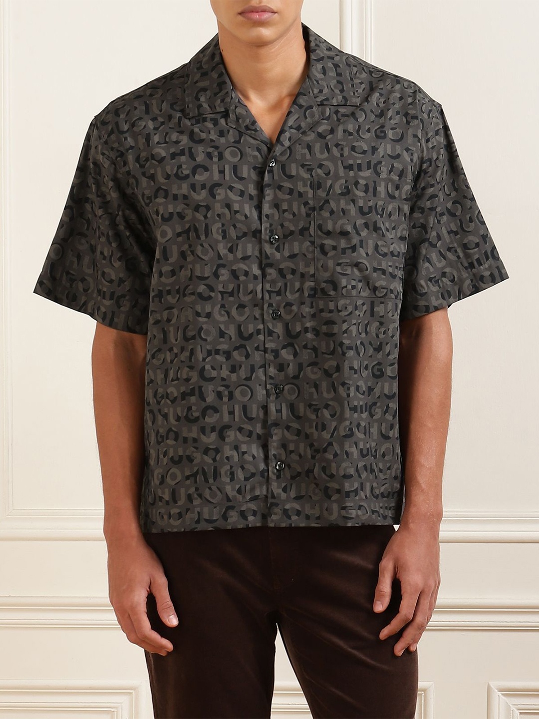 

HUGO Men Slim Fit Opaque Printed Formal Shirt, Black