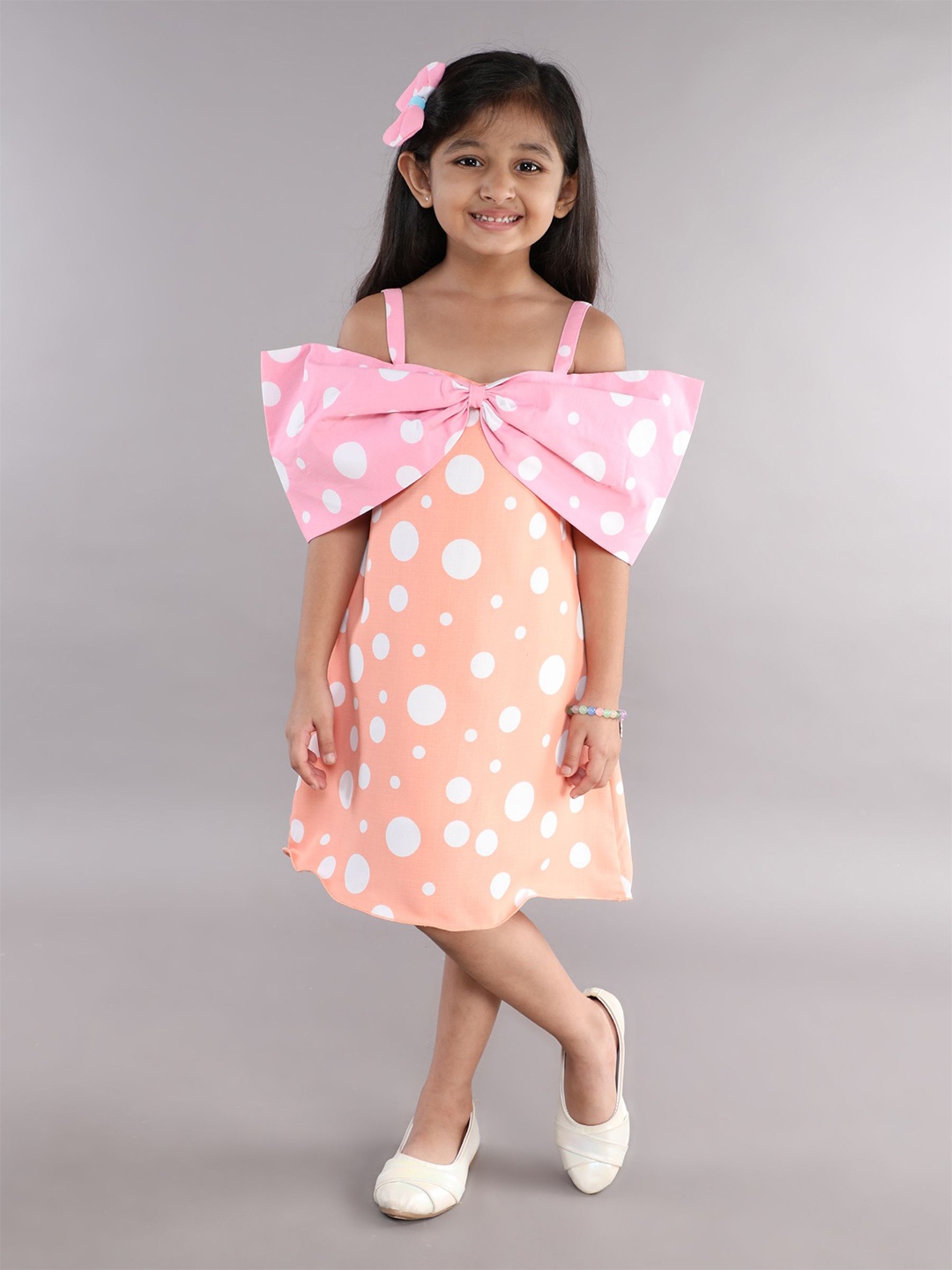 

Pink Chick Polka Dot Colourblocked Off-Shoulder A-Line Dress, Peach