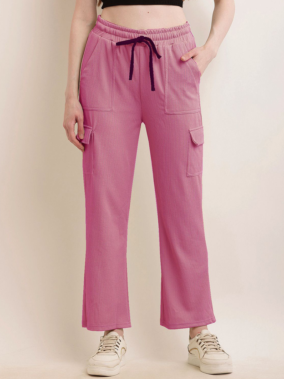 

BAESD Women Solid Mid-Rise Cotton Cargos Trousers, Pink