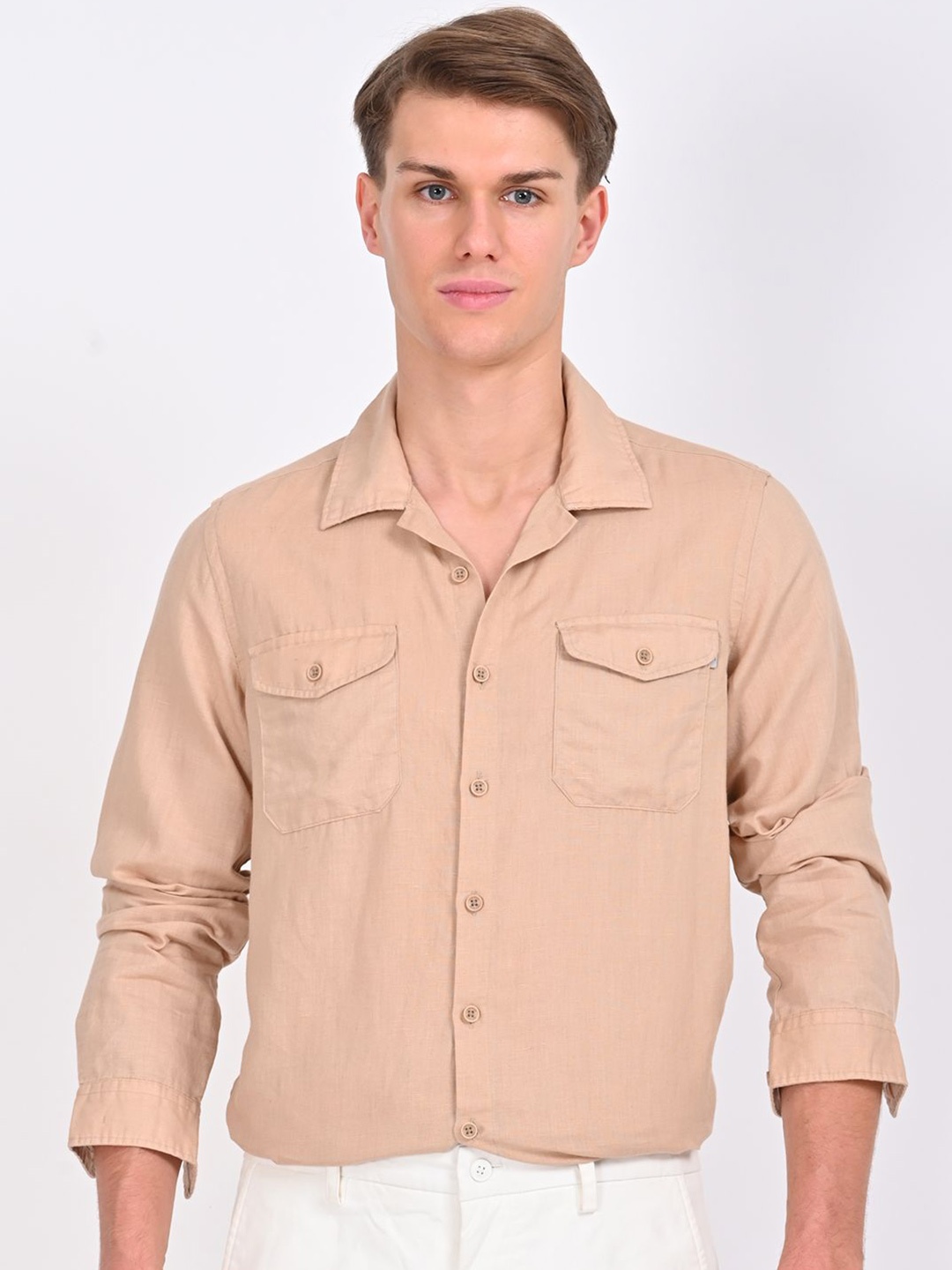 

POE Men Smart Slim Fit Opaque Casual Shirt, Beige