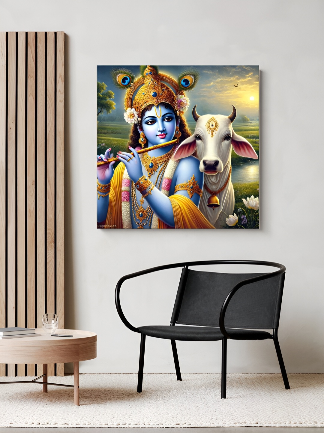 

999Store Blue & Yellow Lord Krishna Flute Printed Religious Canvas Painting Wall Art