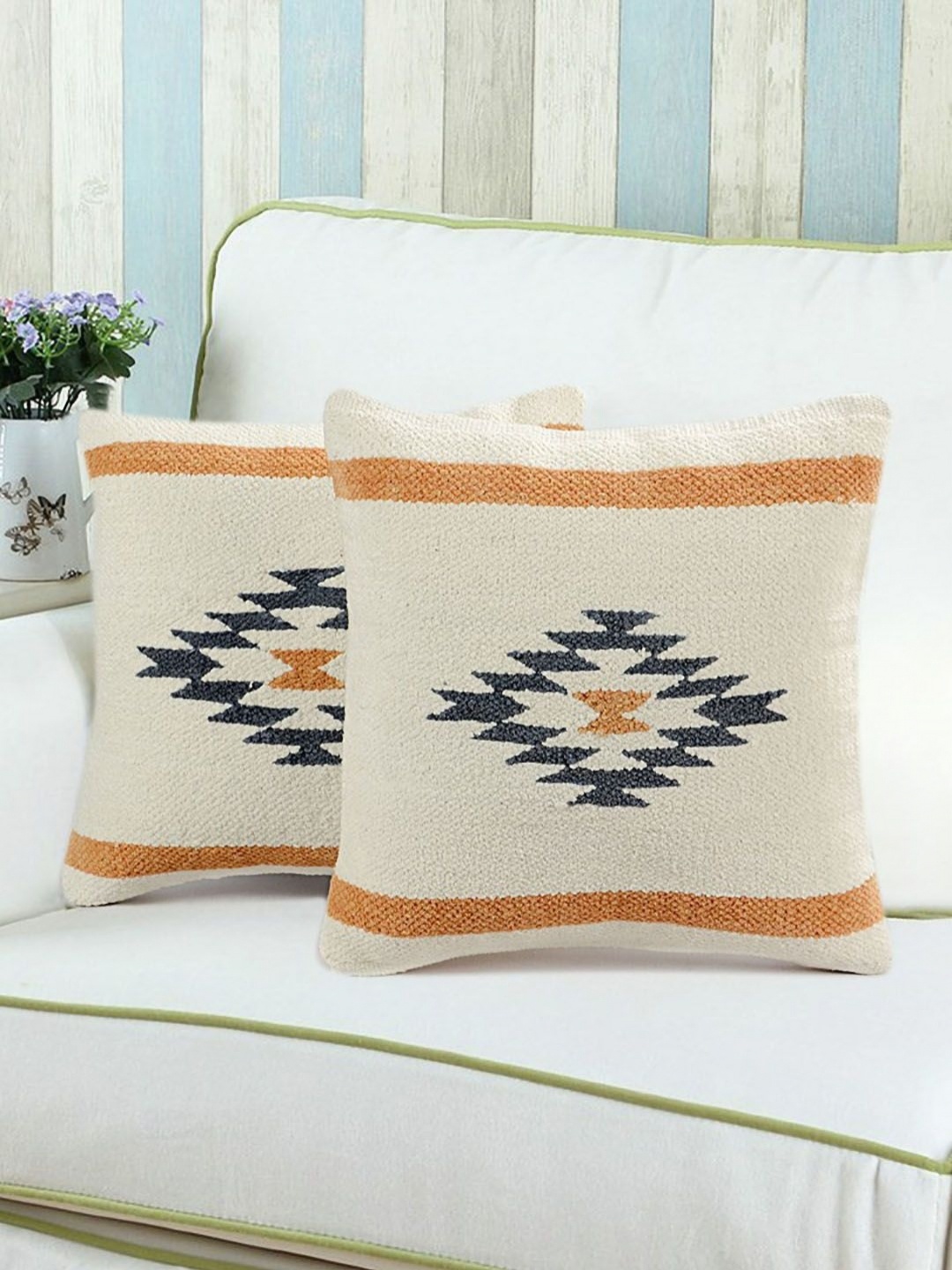 

Saral Home White & Yellow 2 Pieces Geometric Cotton Square Cushion Covers