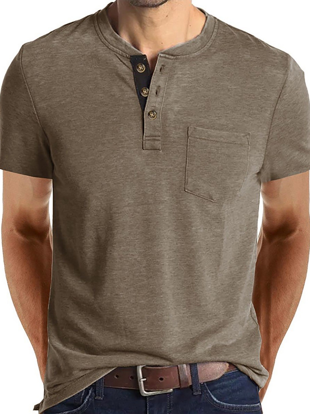 

StyleCast x Revolte Men Solid Henley Neck T-shirt, Khaki
