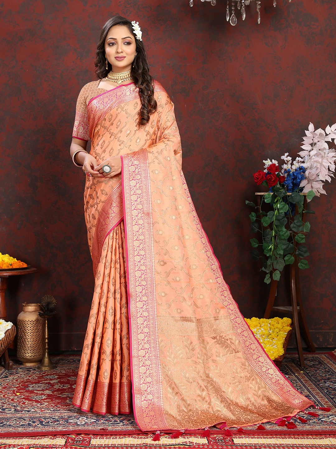 

Zeekha Woven Design Zari Pure Silk Kanjeevaram Saree, Orange