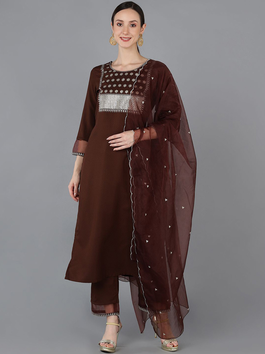 

AHIKA Floral Embroidered Regular Sequinned Straight Kurta with Trousers & Dupatta, Brown
