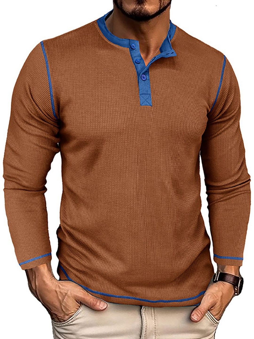 

StyleCast x Revolte Men Solid Henley Neck T-shirt, Brown