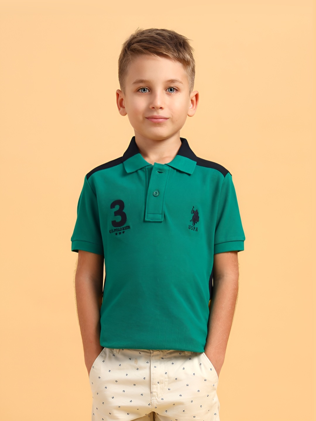 

U.S. Polo Assn. Kids Boys Varsity Printed Polo Collar Cotton T-shirt, Green